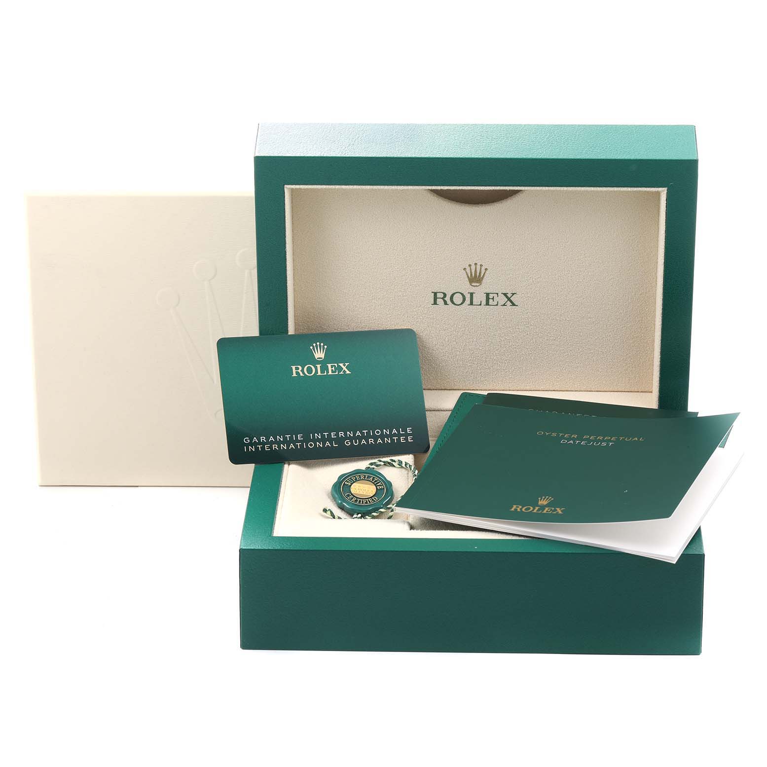 The image displays the packaging and accessories for a Rolex Datejust 41 126334 Men
s Stainless Steel Blue Dial 126334 Men
s Stainless Steel Blue Dial, including the box, warranty card, and booklets.