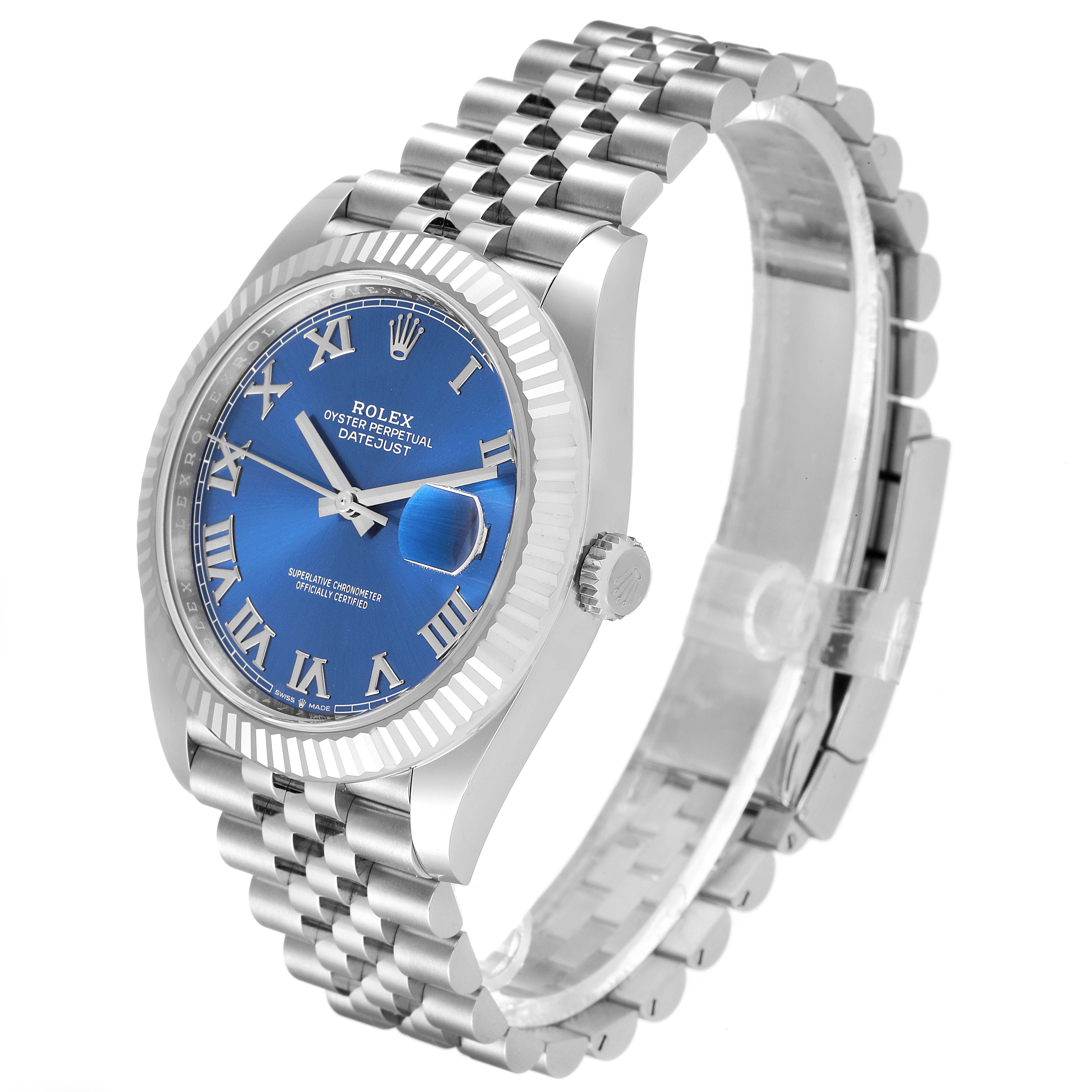 The Rolex Datejust 41 126334 Men
s Stainless Steel Blue Dial 126334 Men
s Stainless Steel Blue Dial is shown at a slight angle highlighting its blue dial, fluted bezel, and Jubilee bracelet.