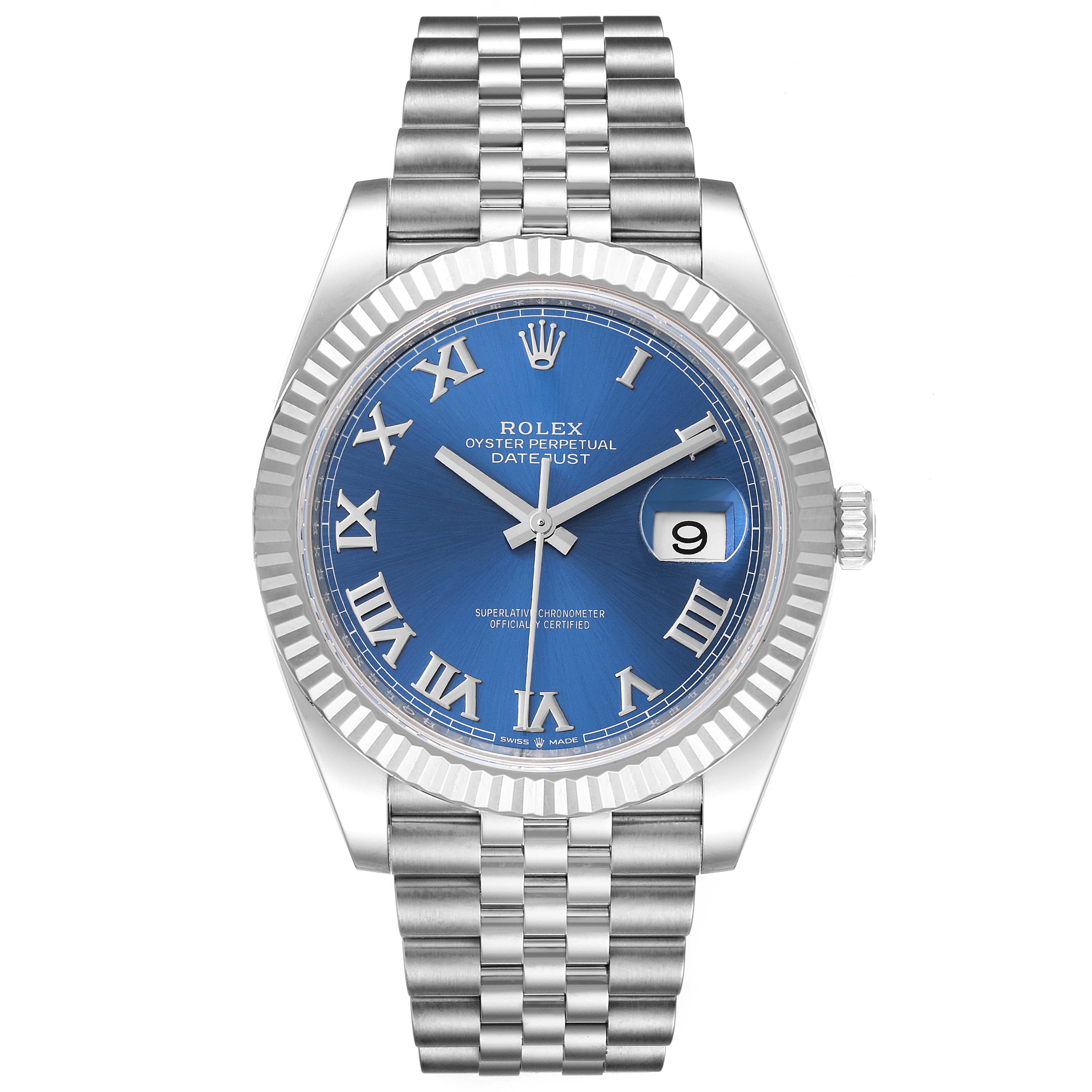 The image shows a front view of a Rolex Datejust 41 126334 Men
s Stainless Steel Blue Dial 126334 Men
s Stainless Steel Blue Dial watch, highlighting its blue dial, Roman numerals, date display, and jubilee bracelet.
