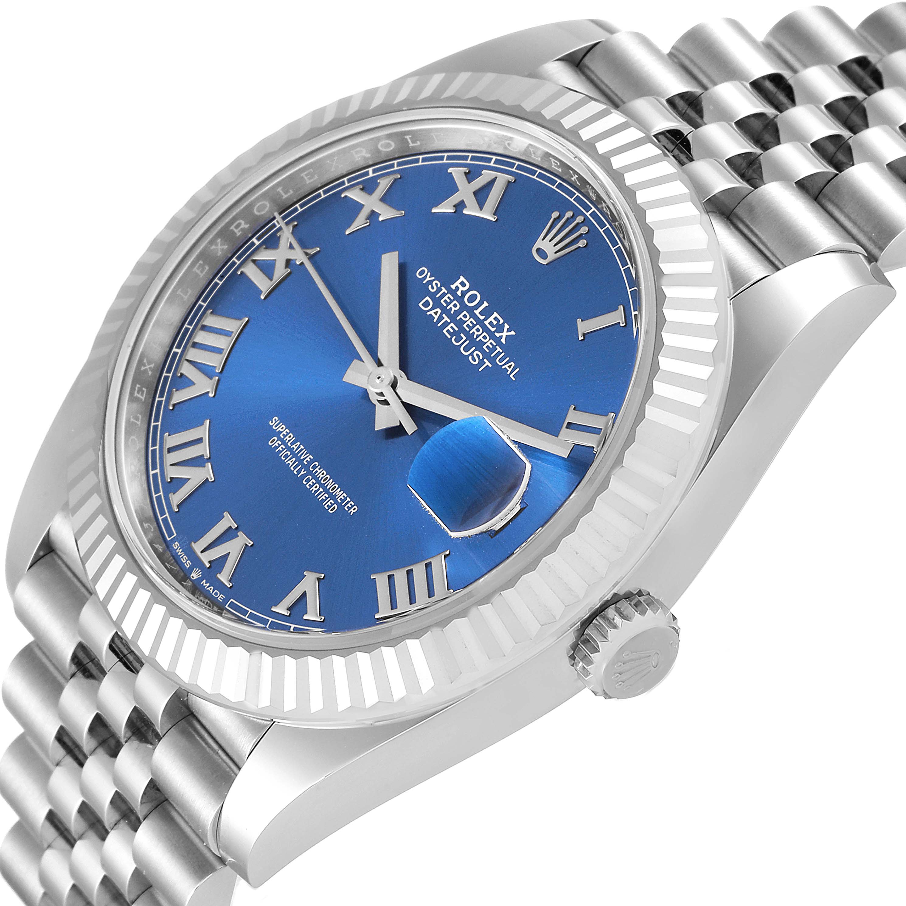 The image shows a Rolex Datejust 41 126334 Men
s Stainless Steel Blue Dial 126334 Men
s Stainless Steel Blue Dial watch at an angled close-up, highlighting its blue dial, fluted bezel, and part of its bracelet.