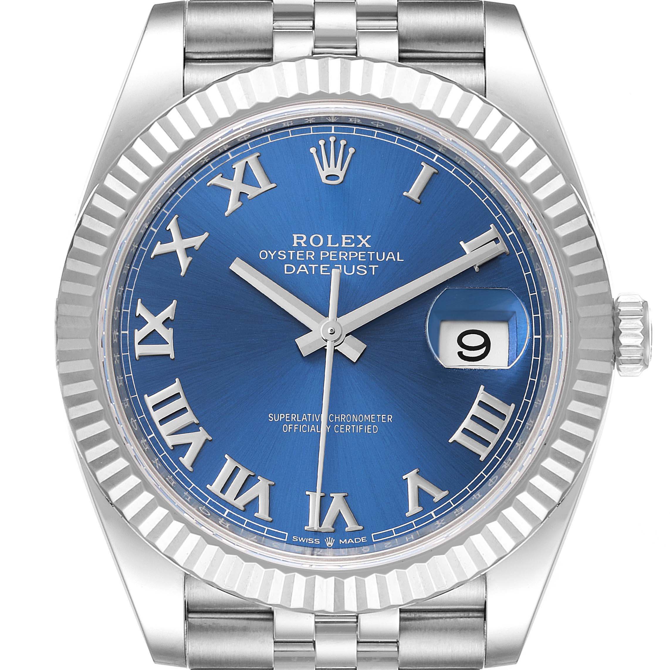This image shows a frontal view of a Rolex Datejust 41 126334 Men
s Stainless Steel Blue Dial 126334 Men
s Stainless Steel Blue Dial watch with a blue dial, Roman numerals, and a Jubilee bracelet.