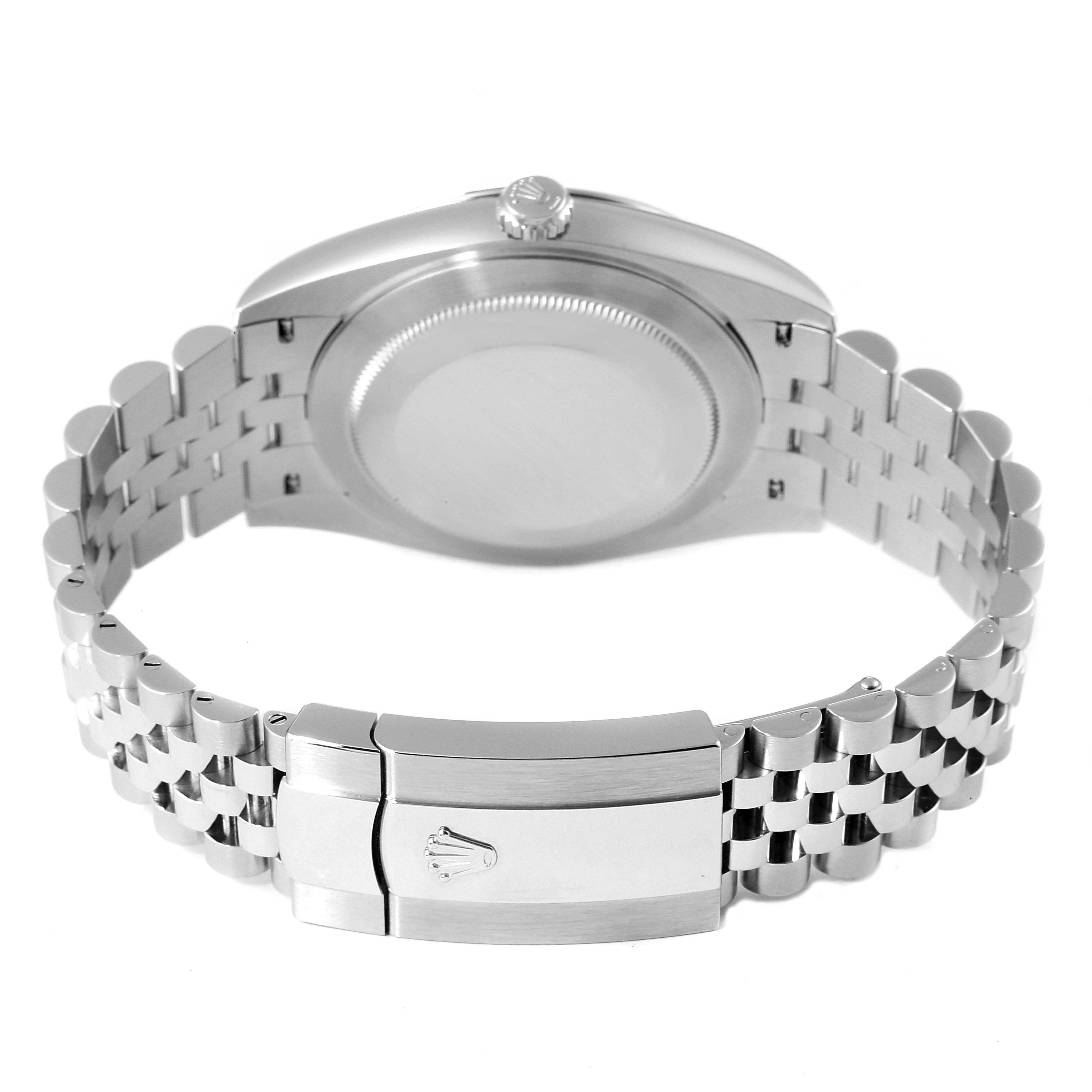 The image shows the back side of the Rolex Datejust 41 126334 Men
s Stainless Steel Blue Dial 126334 Men
s Stainless Steel Blue Dial watch, highlighting its closed clasp and bracelet.