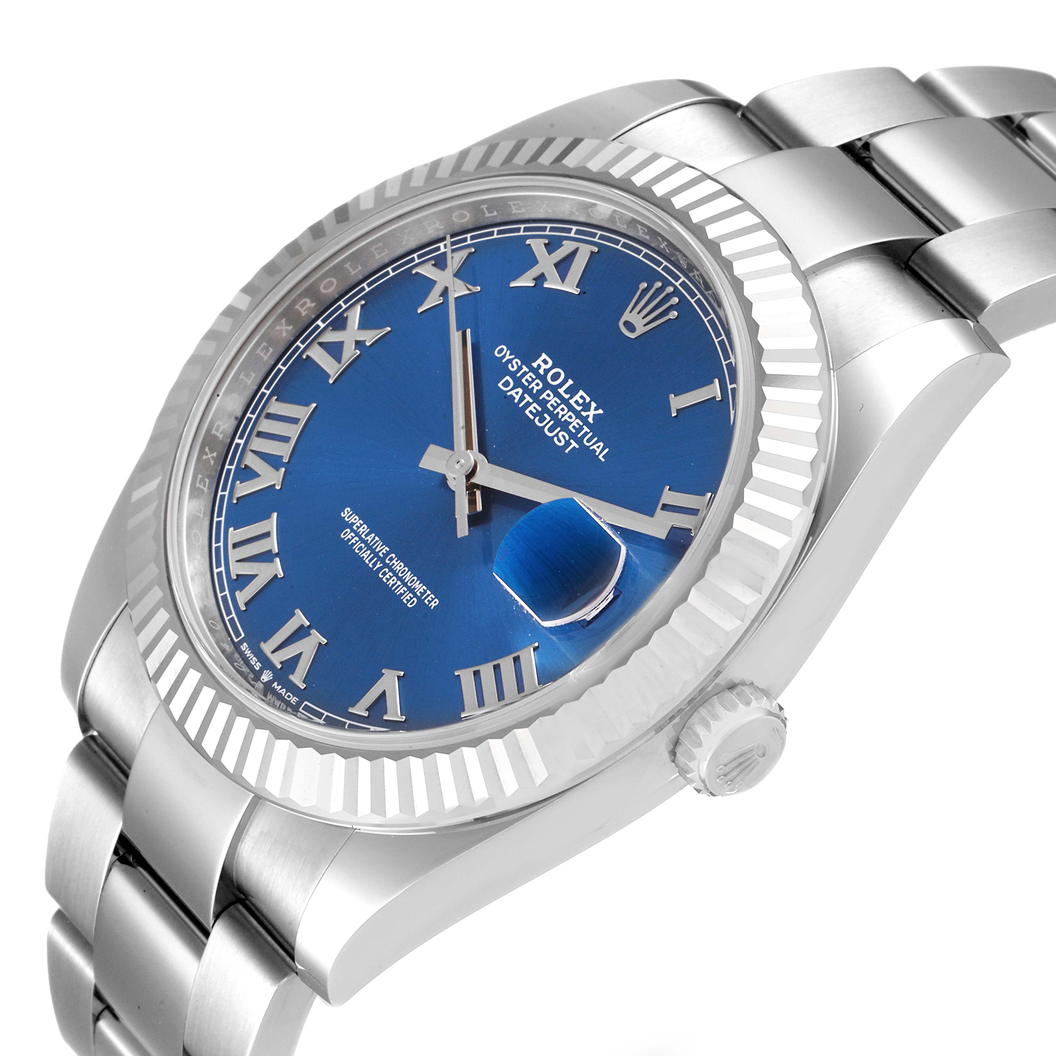 This image shows an angled view of the Rolex Datejust 41 126334 Men
s Stainless Steel Blue Dial 126334 Men
s Stainless Steel Blue Dial watch, highlighting the dial, bezel, and part of the bracelet.