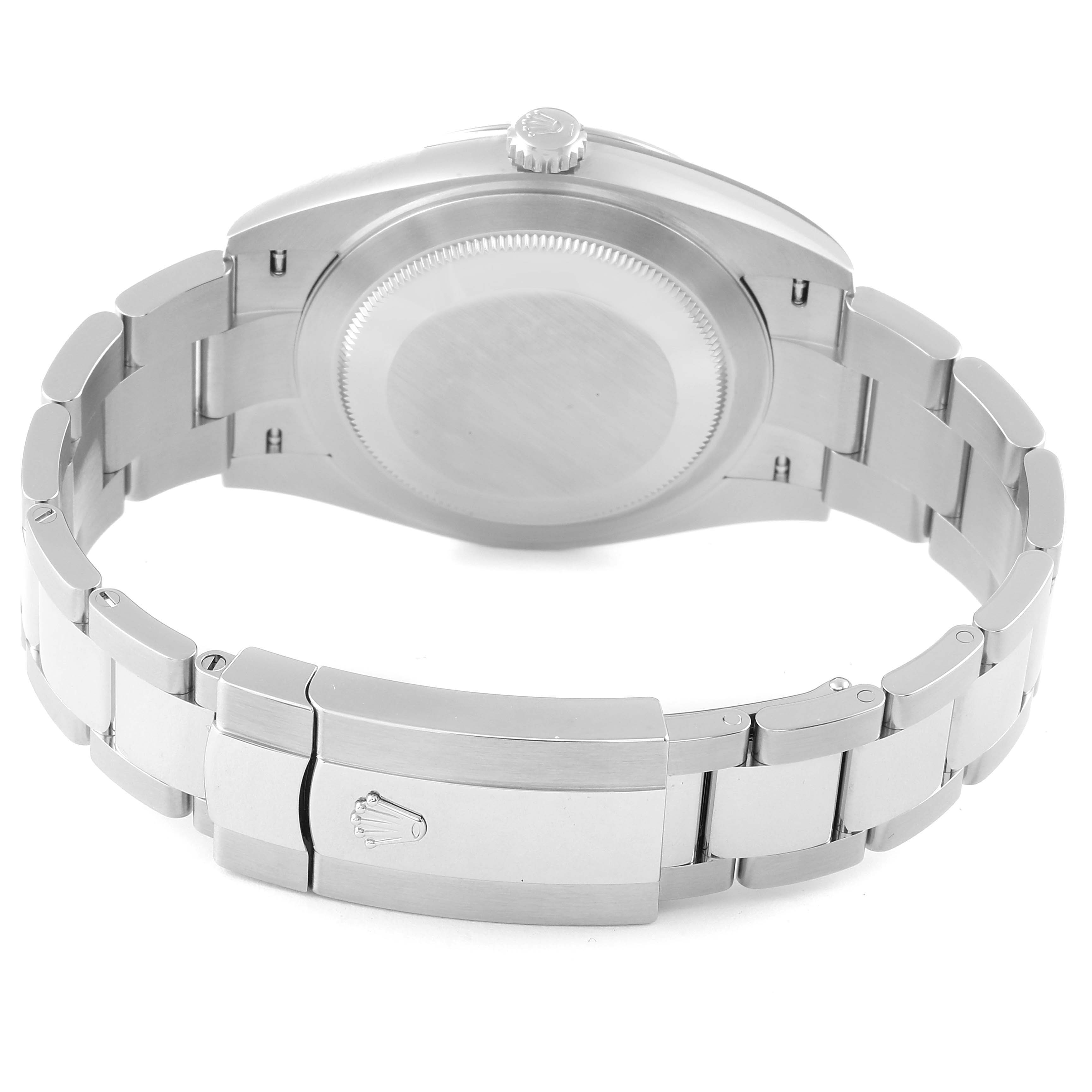 The image shows the back view of a Rolex Datejust 41 126334 Men
s Stainless Steel Blue Dial 126334 Men
s Stainless Steel Blue Dial model, highlighting the case back and clasp.