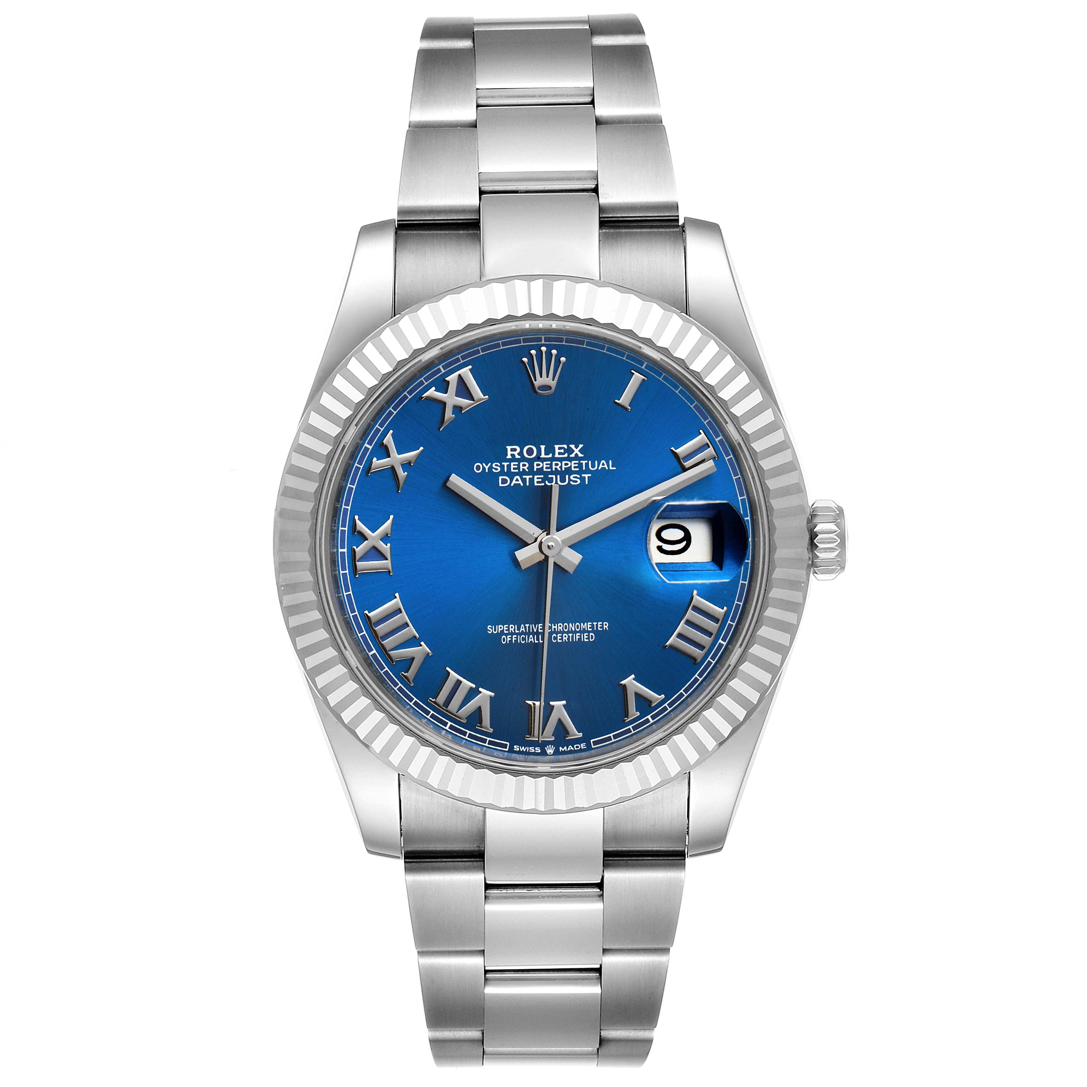 This image shows a frontal view of a Rolex Datejust 41 126334 Men
s Stainless Steel Blue Dial 126334 Men
s Stainless Steel Blue Dial watch with a blue dial and Roman numeral indices.