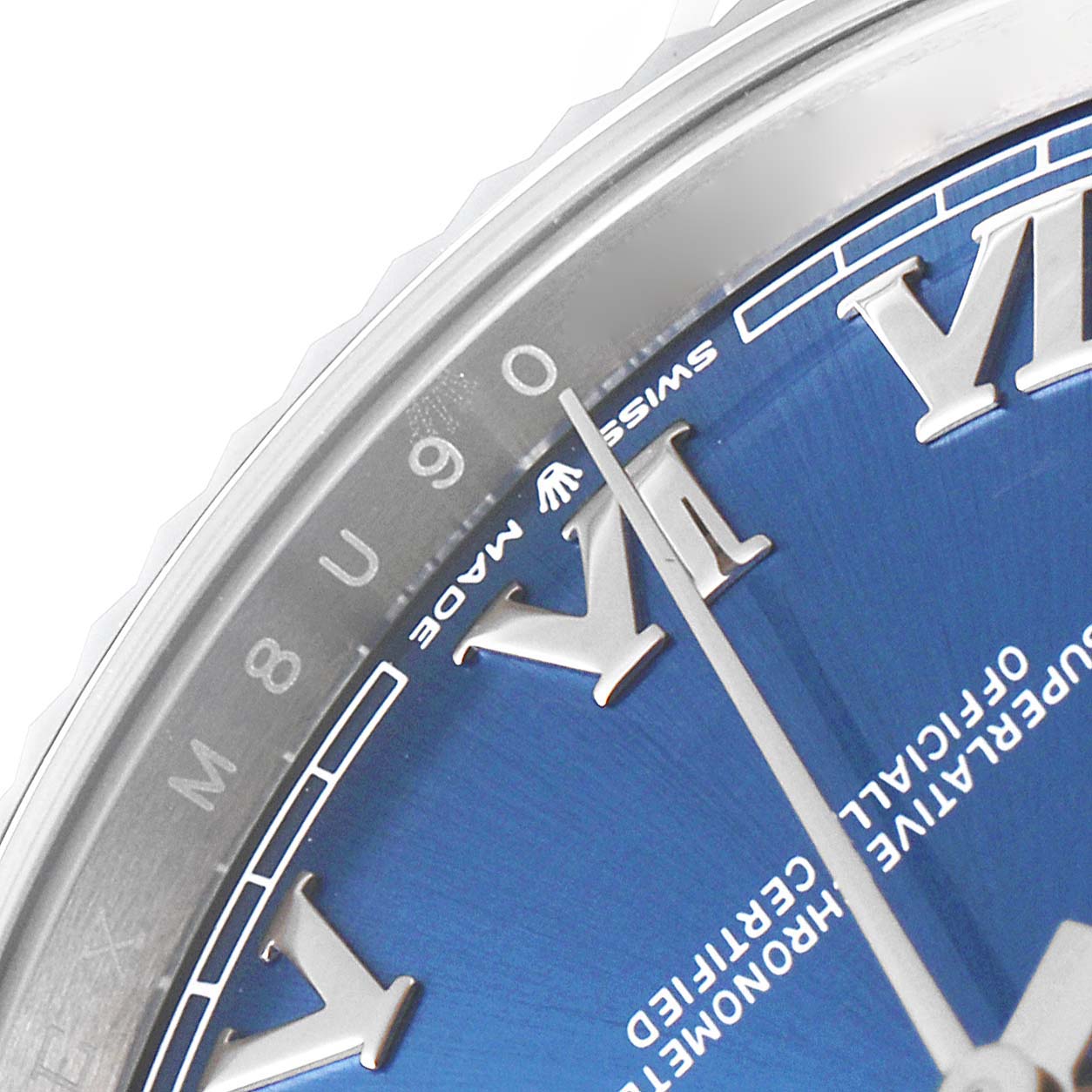 This image shows a close-up of the dial and markers of a Rolex Datejust 41 126334 Men
s Stainless Steel Blue Dial 126334 Men
s Stainless Steel Blue Dial watch.