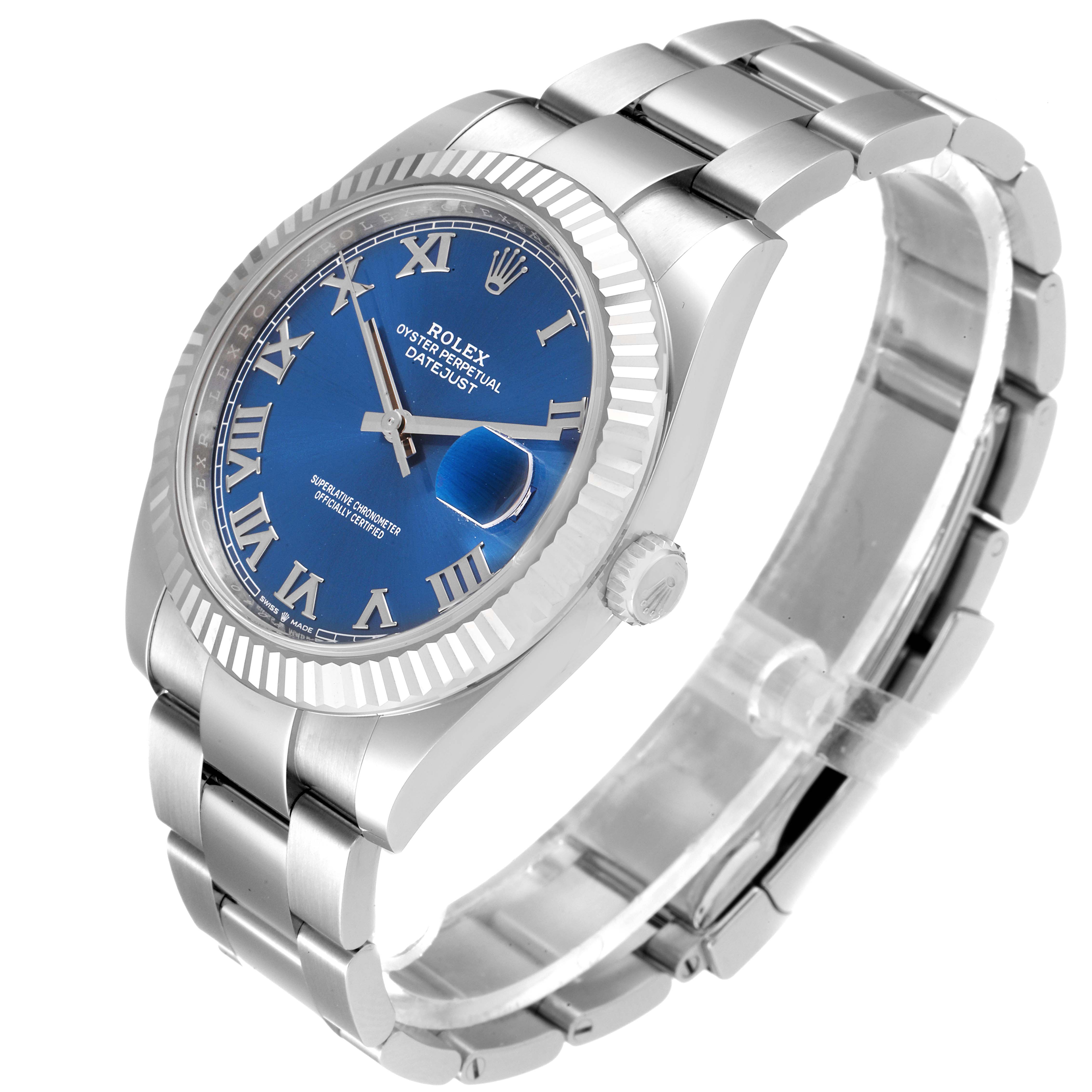 The Rolex Datejust 41 126334 Men
s Stainless Steel Blue Dial 126334 Men
s Stainless Steel Blue Dial is shown at a three-quarter angle, featuring the bracelet, blue dial, and fluted bezel.