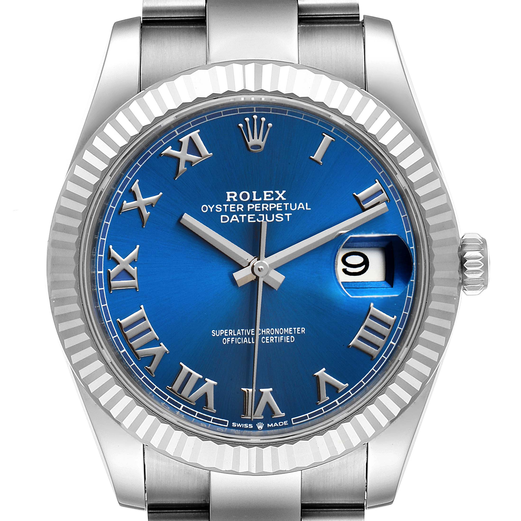 This image shows a front view of a Rolex Datejust 41 126334 Men
s Stainless Steel Blue Dial 126334 Men
s Stainless Steel Blue Dial with a blue dial and Roman numerals.