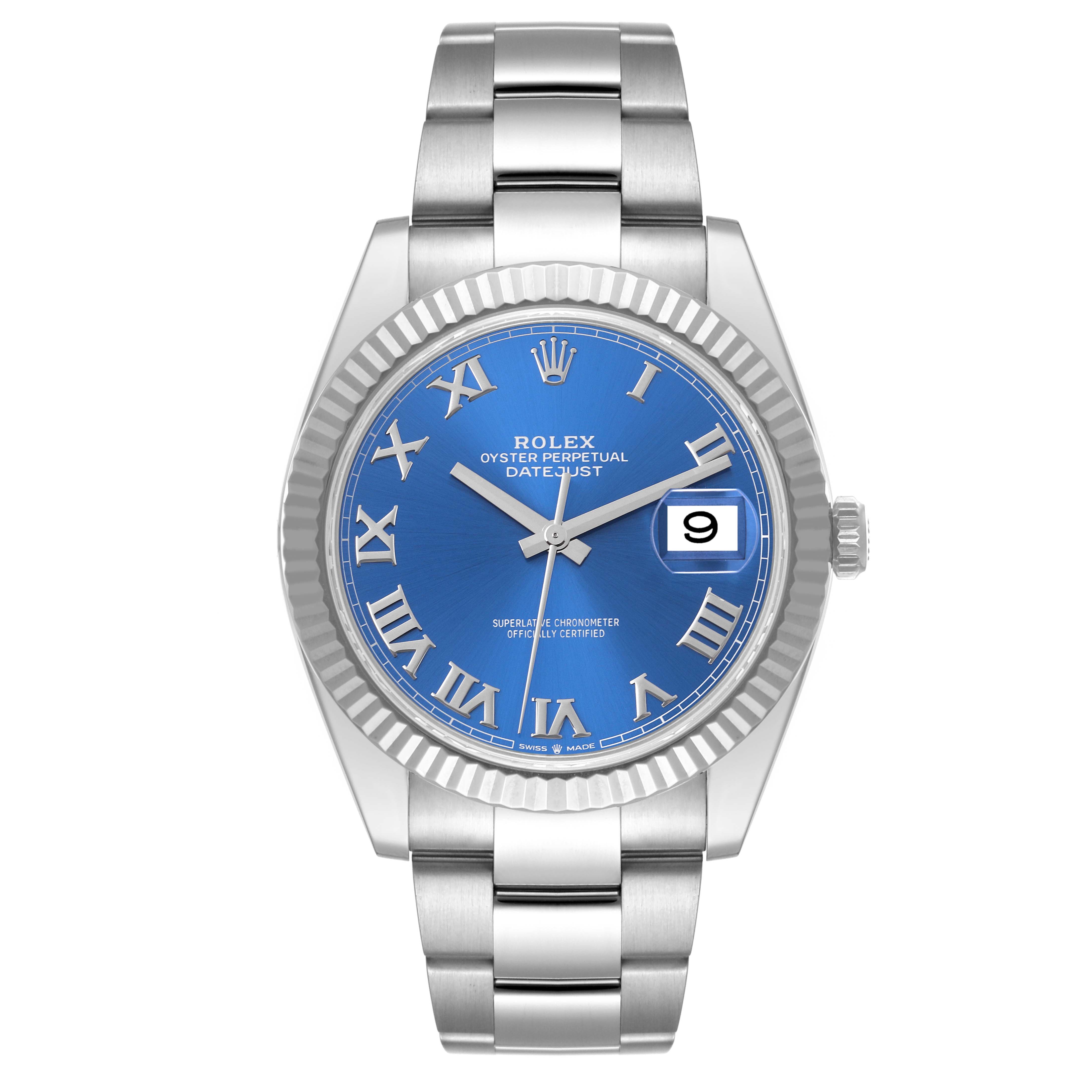 This is a frontal view of the Rolex Datejust 41 126334 Men's Stainless Steel Blue Dial 126334 Men's Stainless Steel Blue Dial, showing the watch face, hands, date window, bezel, and bracelet.
