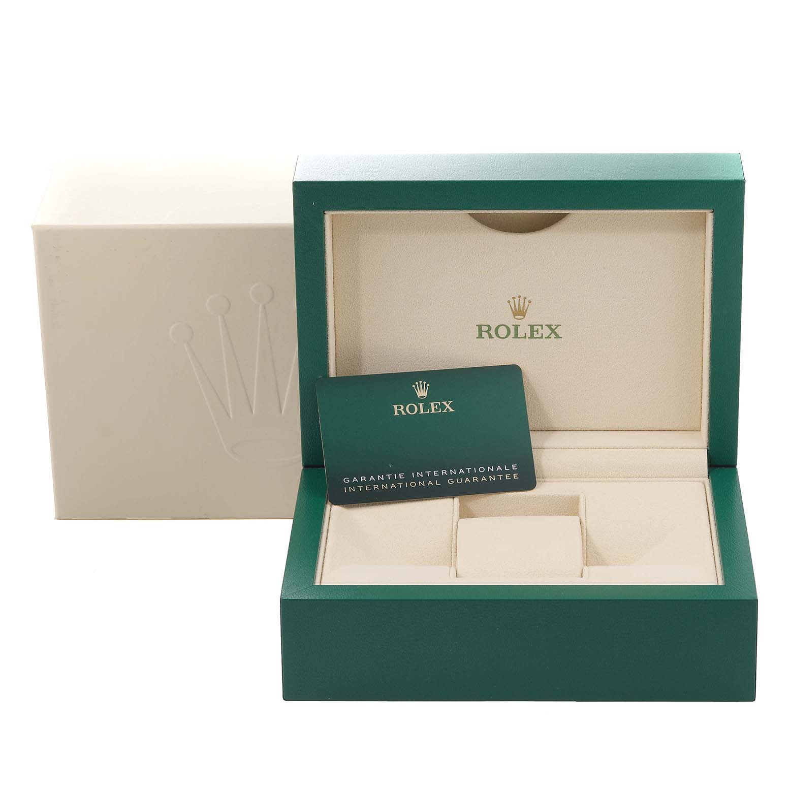 The image shows the open packaging of a Rolex Datejust 41 126334 Men's Stainless Steel Blue Dial 126334 Men's Stainless Steel Blue Dial, highlighting the inner box and international guarantee card.