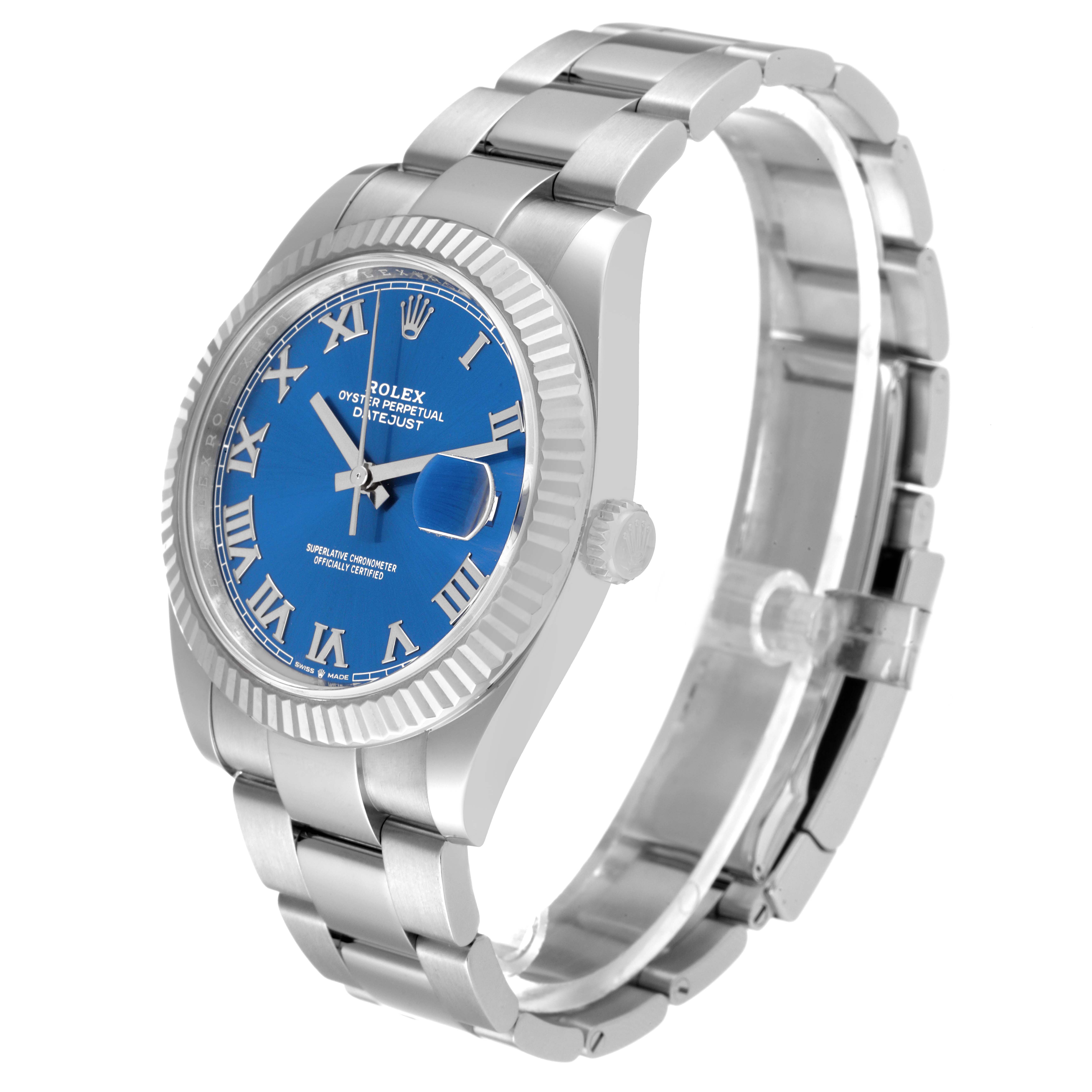 The image shows a Rolex Datejust 41 126334 Men's Stainless Steel Blue Dial 126334 Men's Stainless Steel Blue Dial watch at an angled side view highlighting its blue dial, fluted bezel, and stainless steel bracelet.