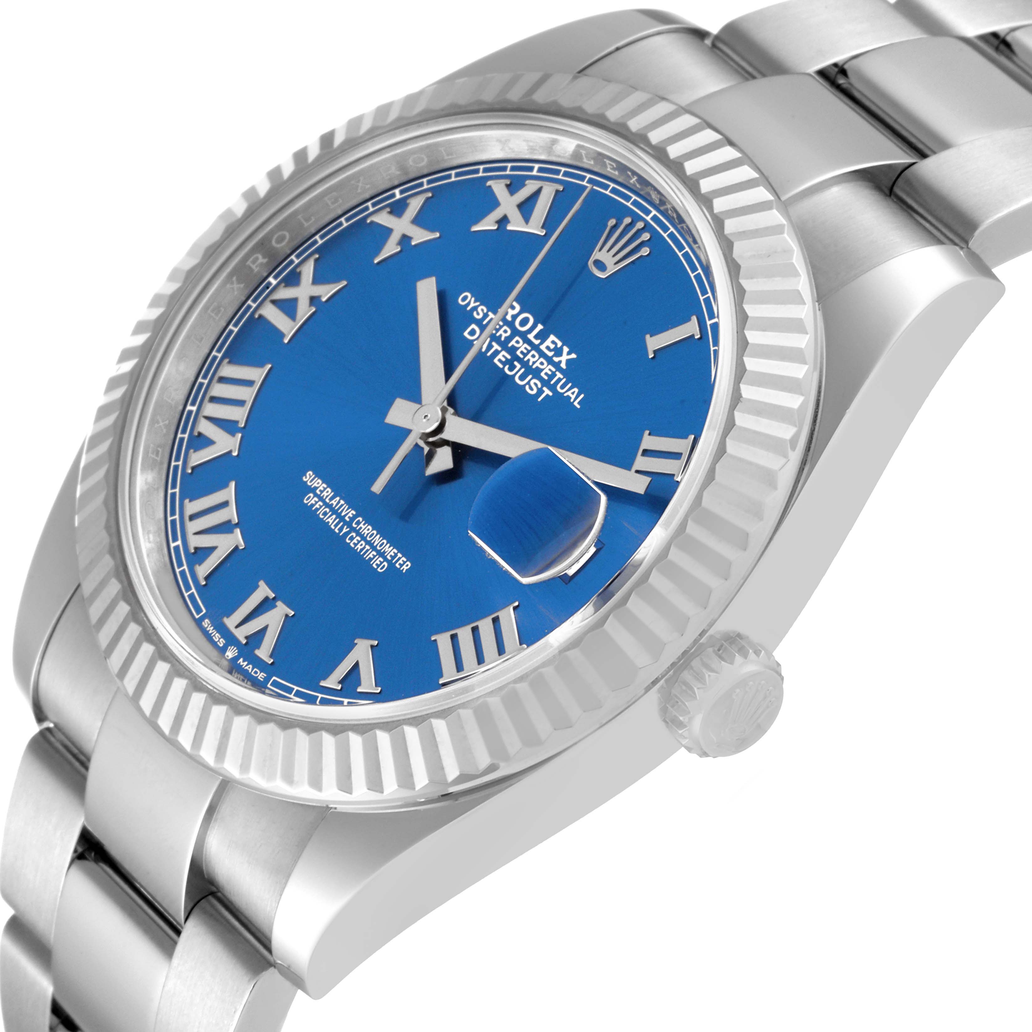 This image shows a close-up side angle of the Rolex Datejust 41 126334 Men's Stainless Steel Blue Dial 126334 Men's Stainless Steel Blue Dial displaying the blue dial, crown, and part of the bracelet.