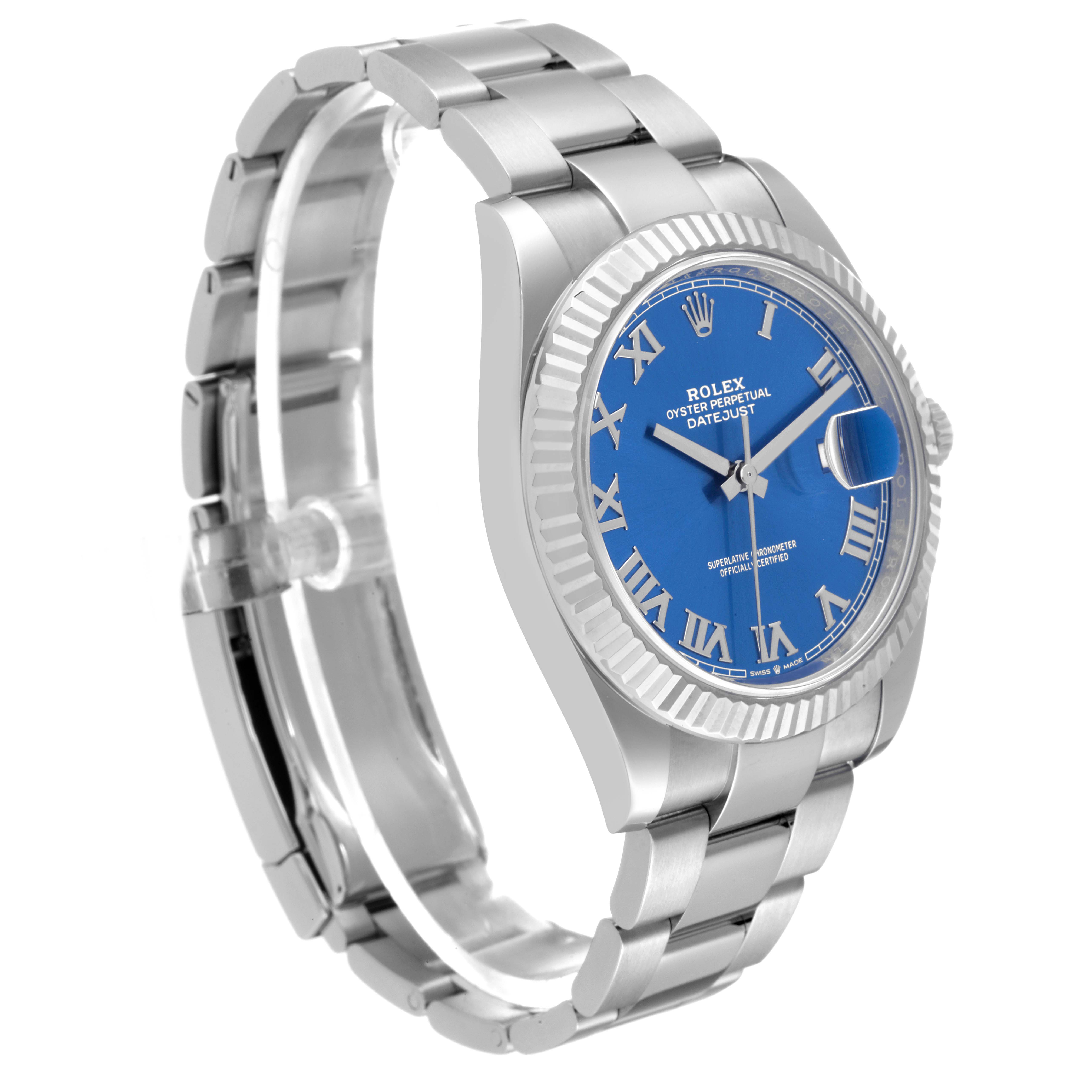 This Rolex Datejust 41 126334 Men's Stainless Steel Blue Dial 126334 Men's Stainless Steel Blue Dial watch is shown at a three-quarter angle, highlighting its blue dial, Roman numerals, fluted bezel, and metal bracelet.