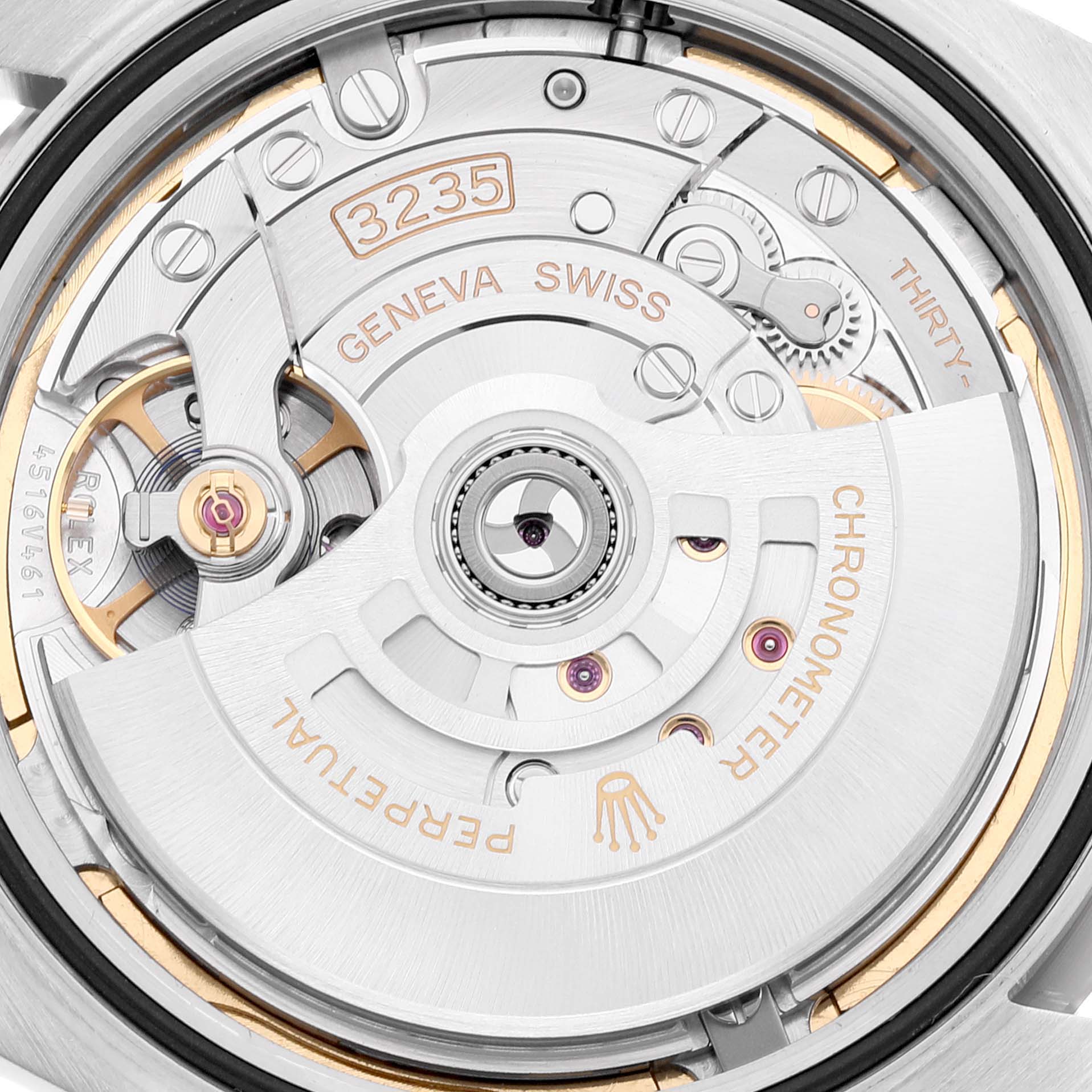 This image shows a close-up view of the movement mechanism inside a Rolex Datejust 41 126334 Men's Stainless Steel Blue Dial 126334 Men's Stainless Steel Blue Dial watch.