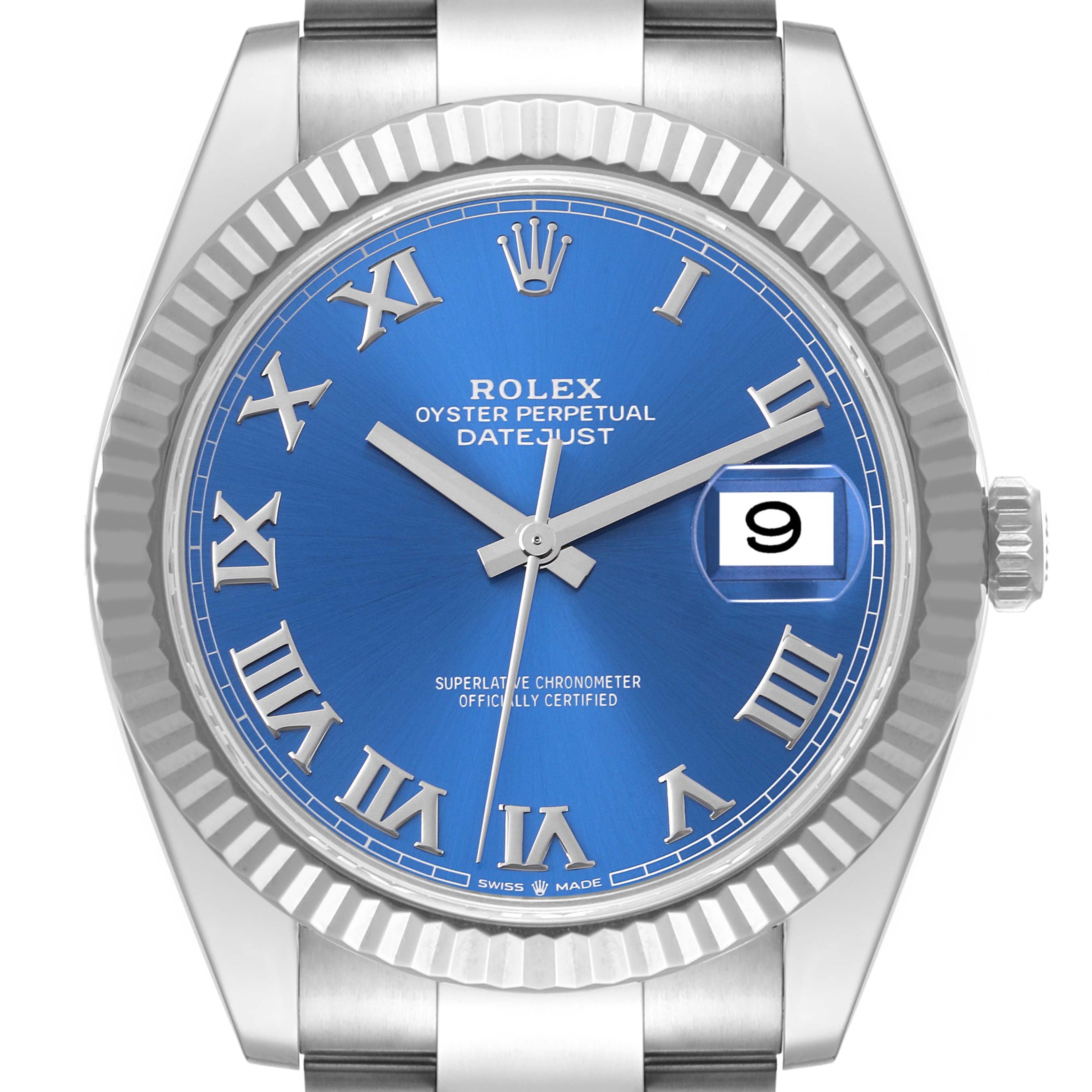 The image shows a front view of a Rolex Datejust 41 126334 Men's Stainless Steel Blue Dial 126334 Men's Stainless Steel Blue Dial watch, highlighting its blue dial, Roman numerals, fluted bezel, and date window.