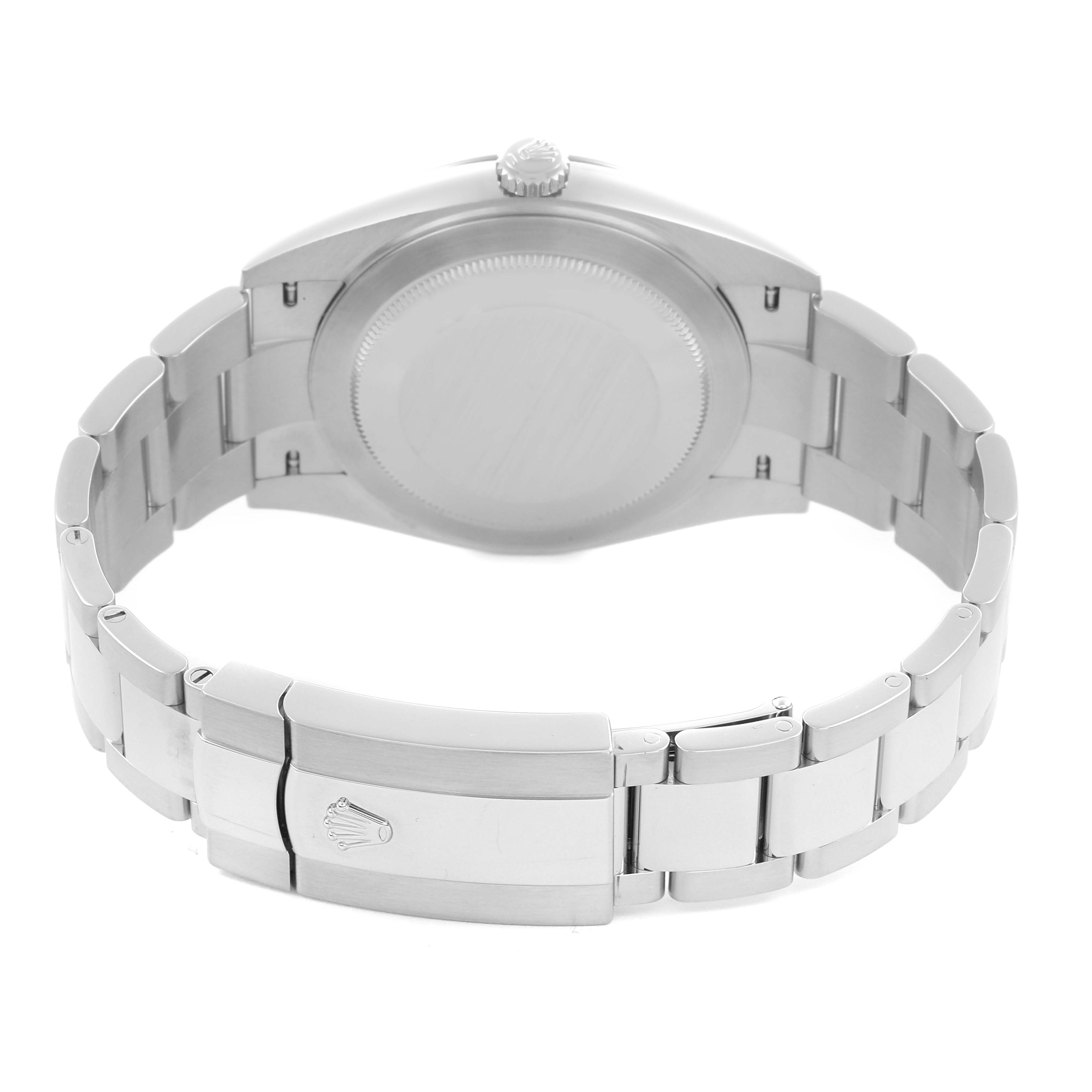 The image shows a Rolex Datejust 41 126334 Men
s Stainless Steel White Dial 126334 Men
s Stainless Steel White Dial from the rear, highlighting the case back, bracelet, and clasp.