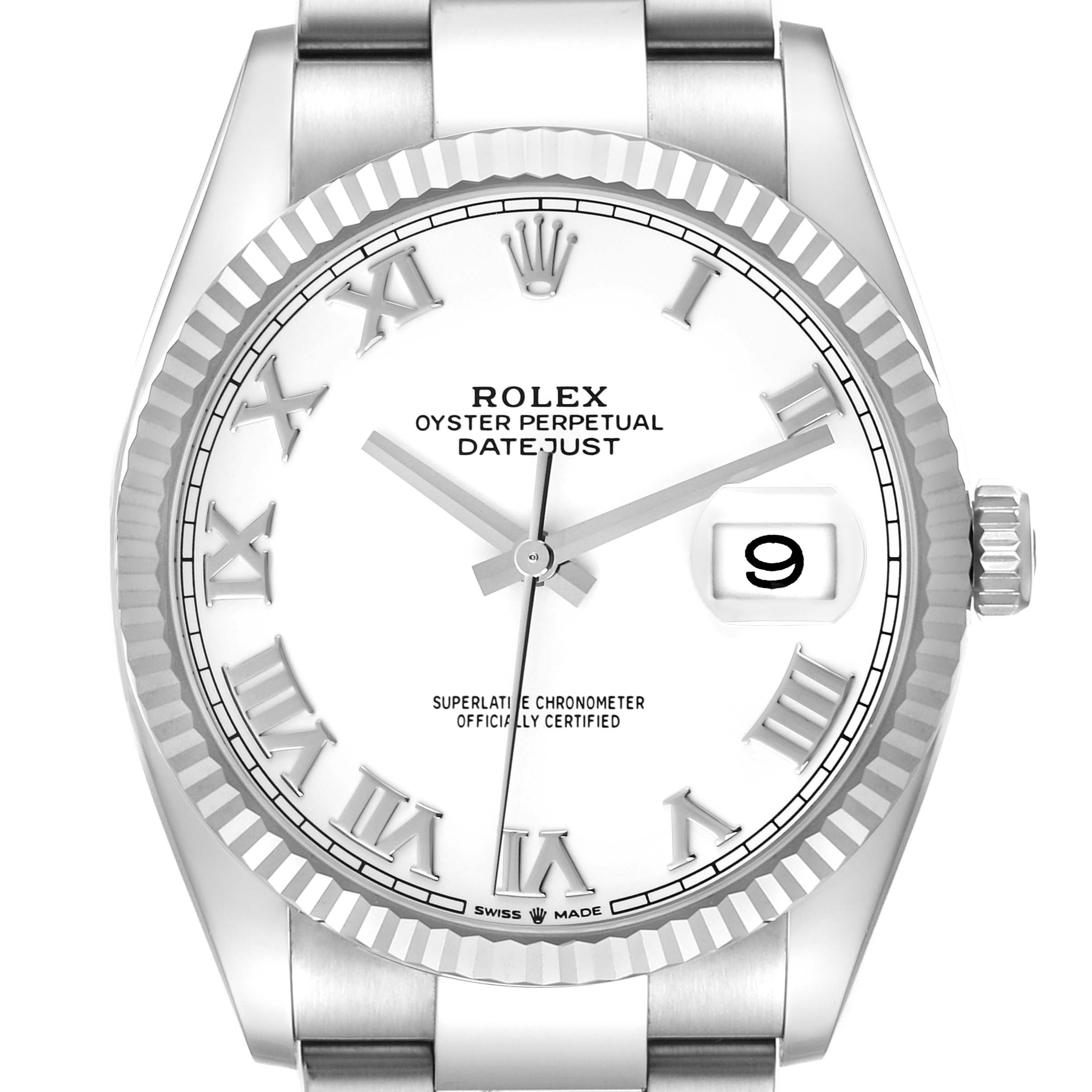 The Rolex Datejust 41 126334 Men
s Stainless Steel White Dial 126334 Men
s Stainless Steel White Dial is shown from the front, highlighting the dial, bezel, and date window.