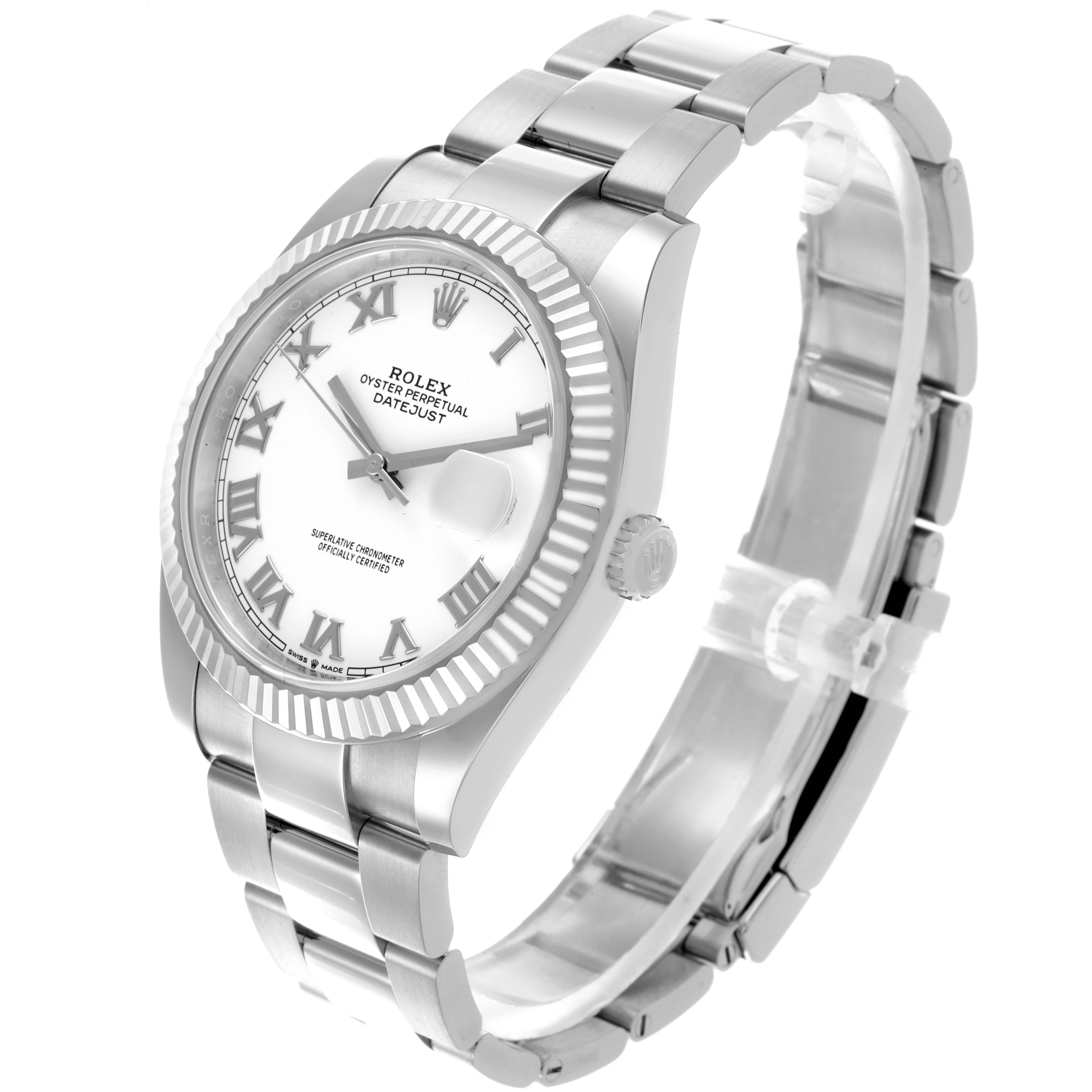 The Rolex Datejust 41 126334 Men
s Stainless Steel White Dial 126334 Men
s Stainless Steel White Dial watch is shown at a three-quarter angle, displaying the dial, fluted bezel, crown, and part of the bracelet.