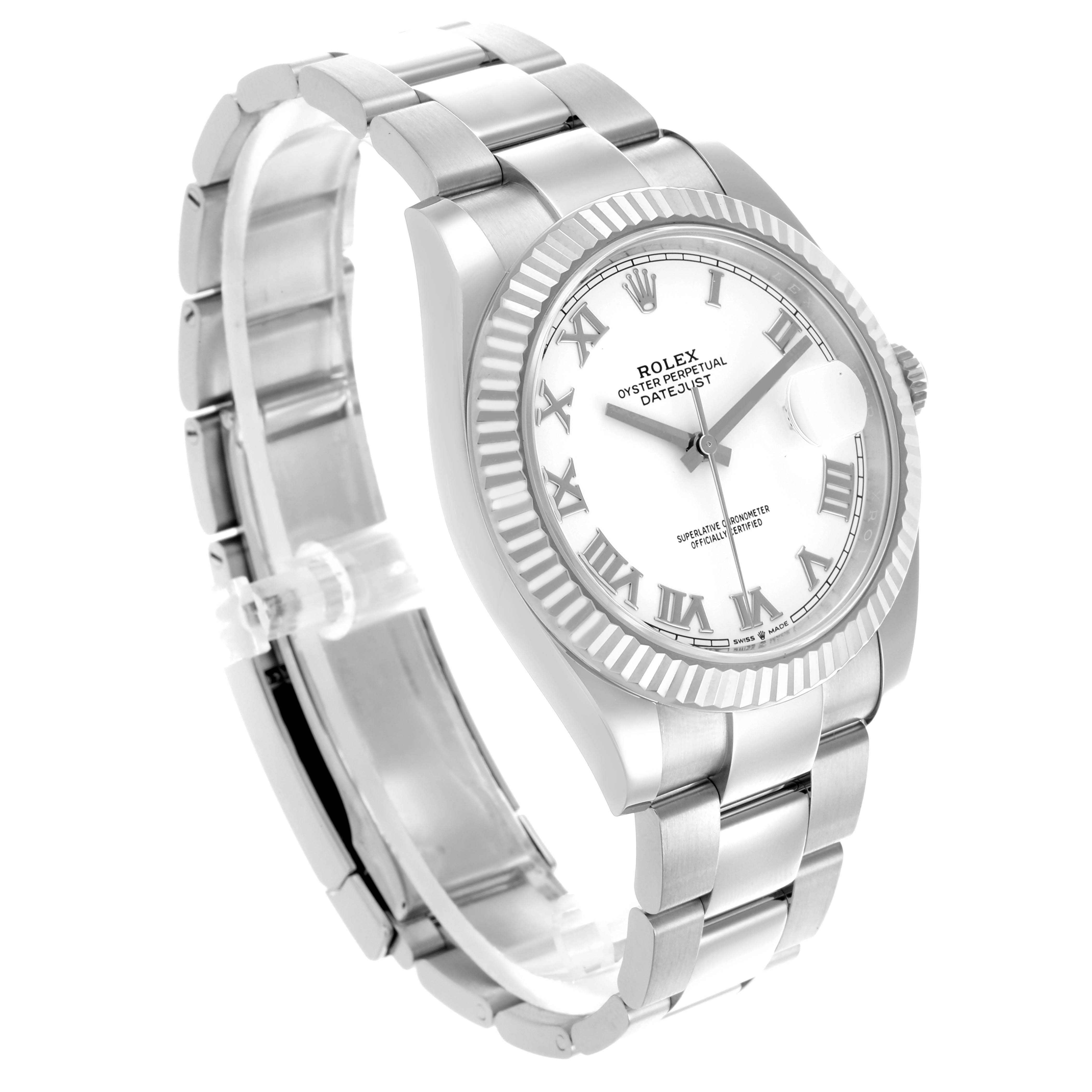 The Rolex Datejust 41 126334 Men
s Stainless Steel White Dial 126334 Men
s Stainless Steel White Dial is shown at a three-quarter angle, highlighting the dial, bezel, and bracelet.