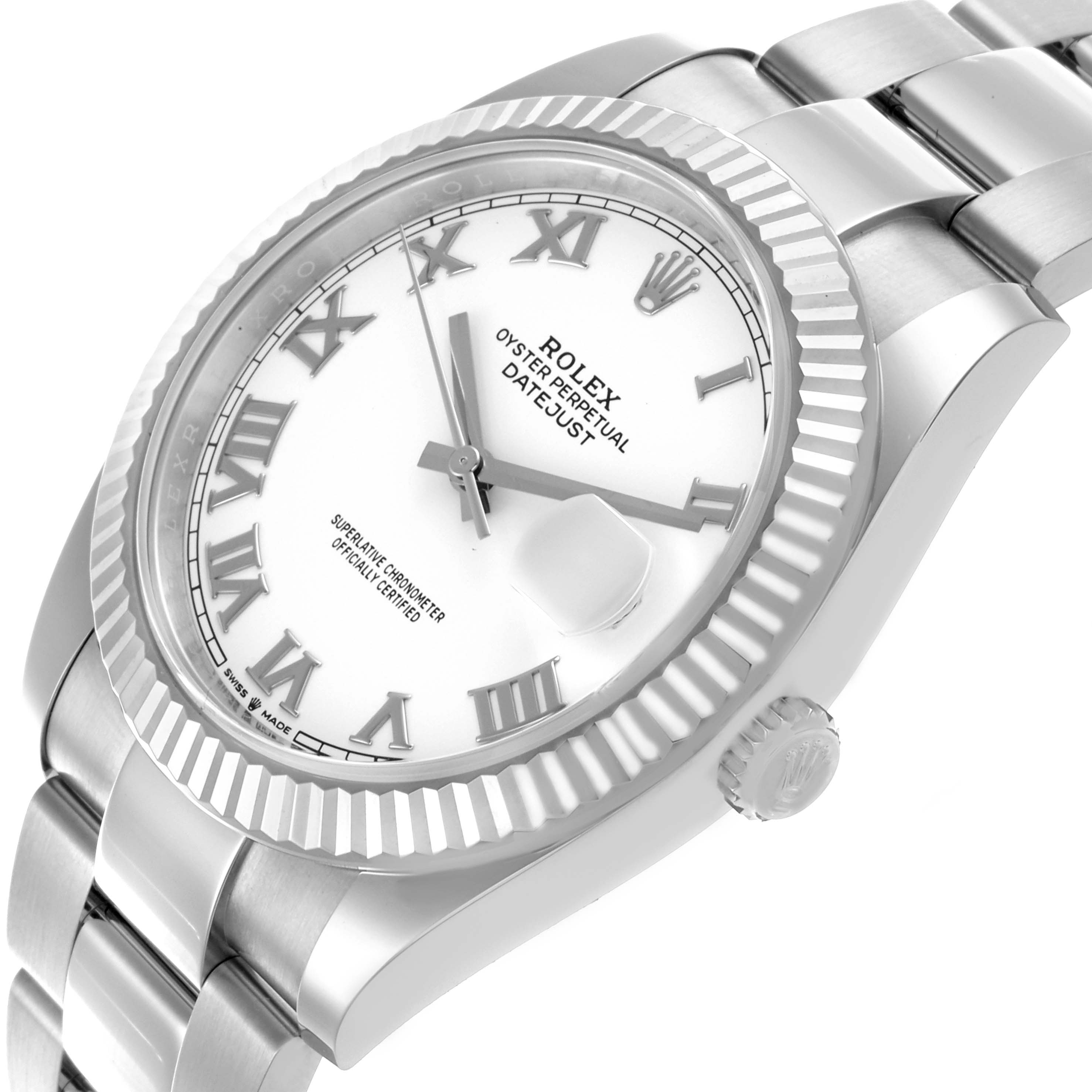 The Rolex Datejust 41 126334 Men
s Stainless Steel White Dial 126334 Men
s Stainless Steel White Dial is shown at an angled front view, displaying the dial, fluted bezel, case, crown, and a section of the bracelet.