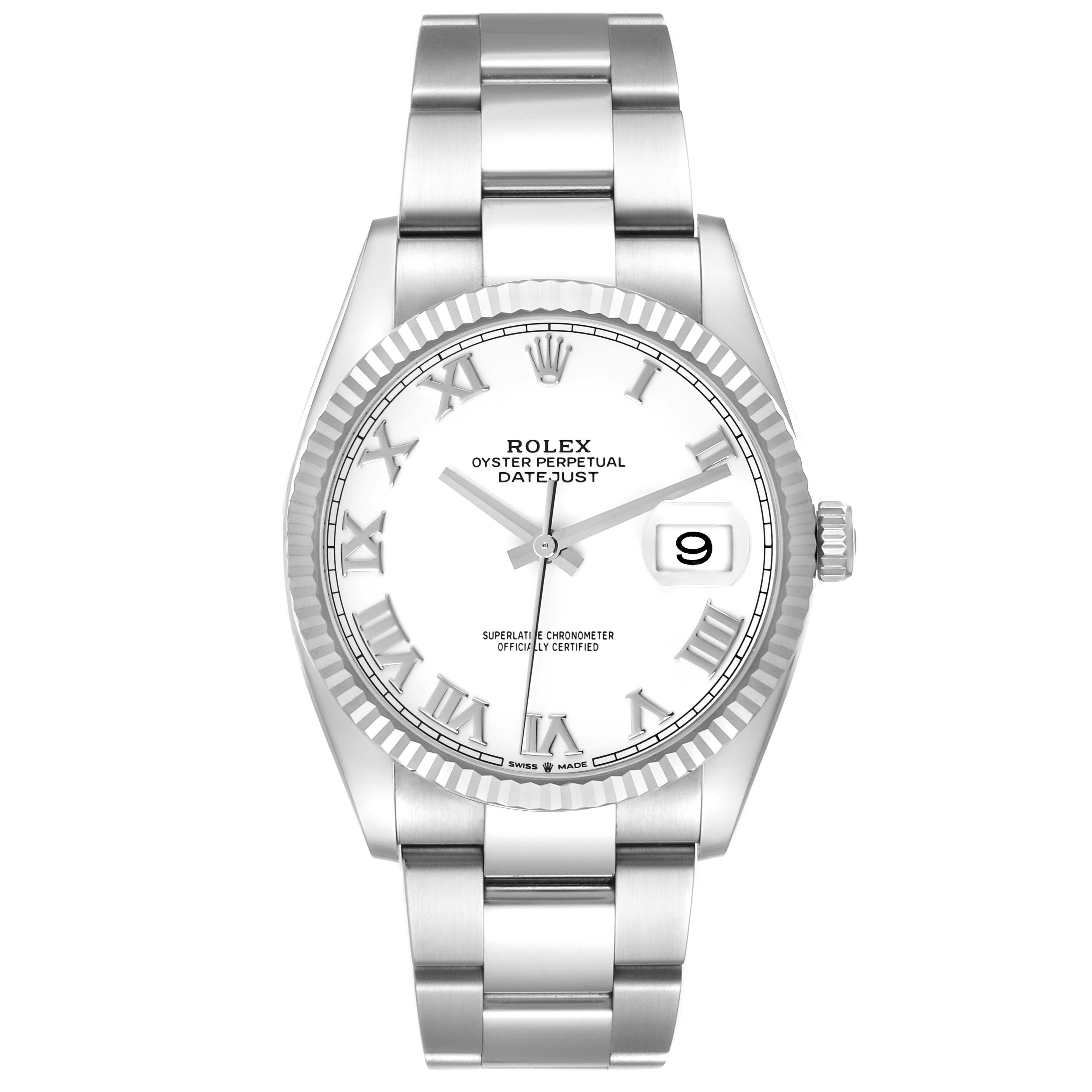 The Rolex Datejust 41 126334 Men
s Stainless Steel White Dial 126334 Men
s Stainless Steel White Dial watch is shown from a front angle, displaying the dial, bezel, bracelet, and crown.