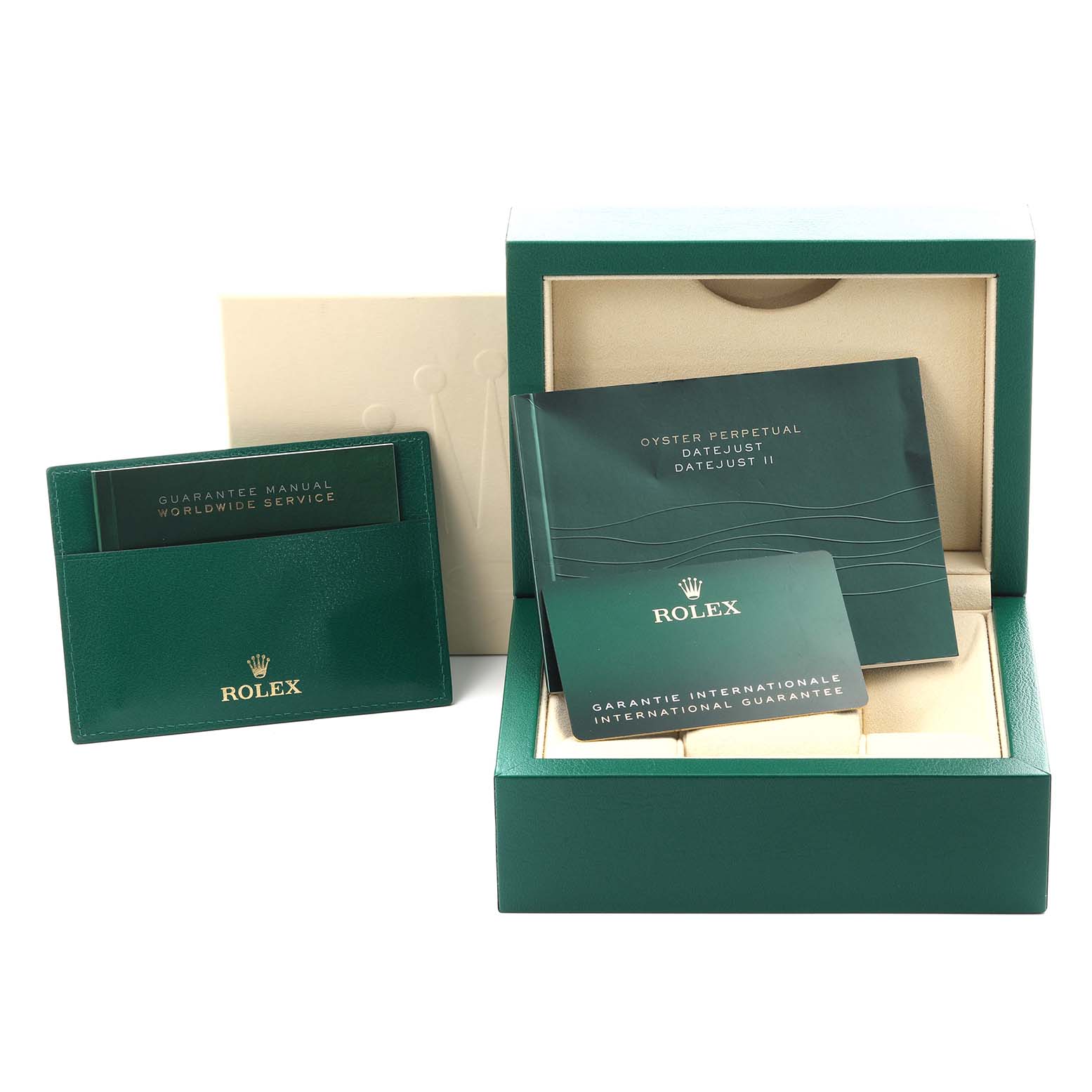 The image shows the box, manual, and warranty card for a Rolex Datejust 41 126334 Men
s Stainless Steel White Dial 126334 Men
s Stainless Steel White Dial.