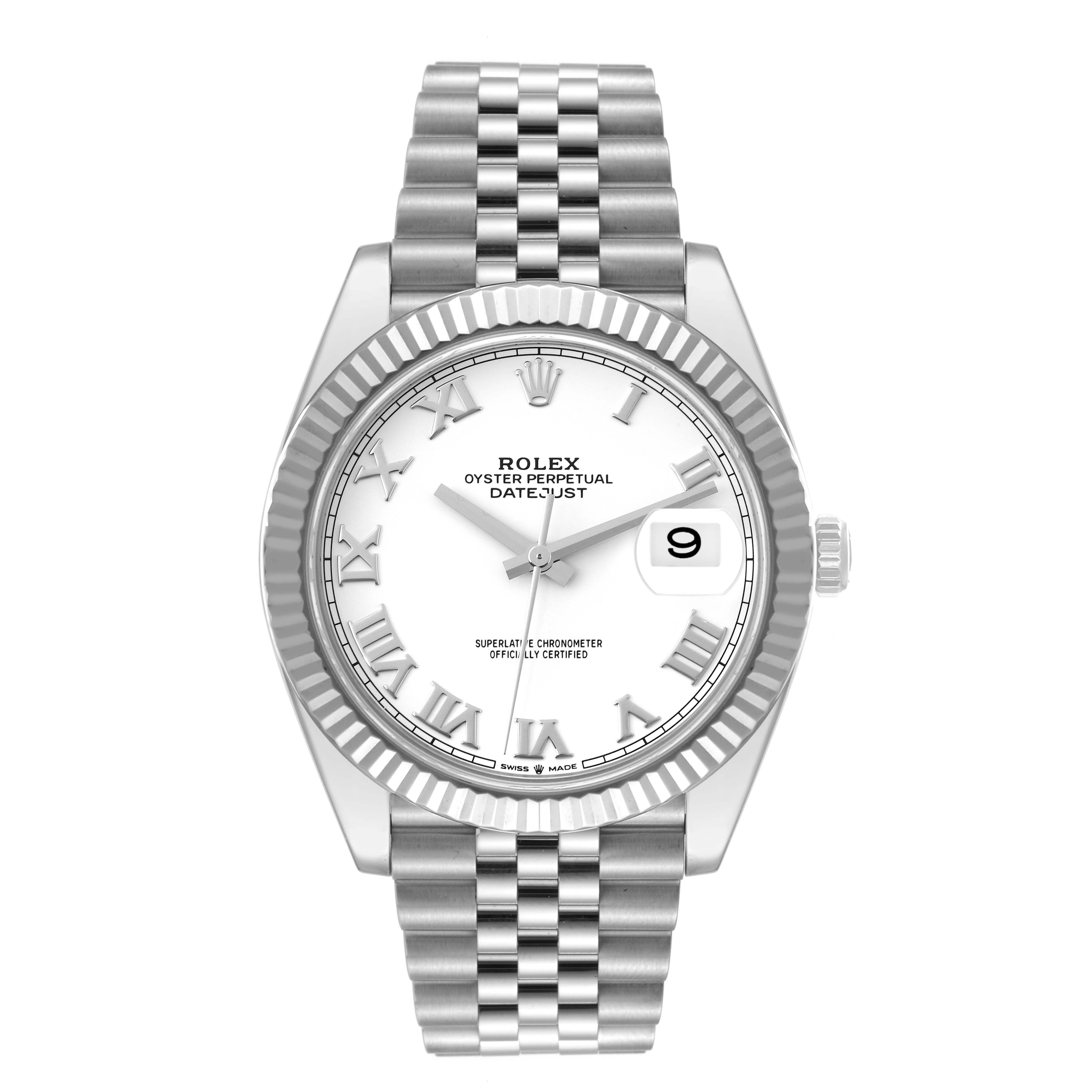 The image shows a front view of the Rolex Datejust 41 126334 Men's Stainless Steel White Dial 126334 Men's Stainless Steel White Dial watch, highlighting its dial, bezel, and bracelet.