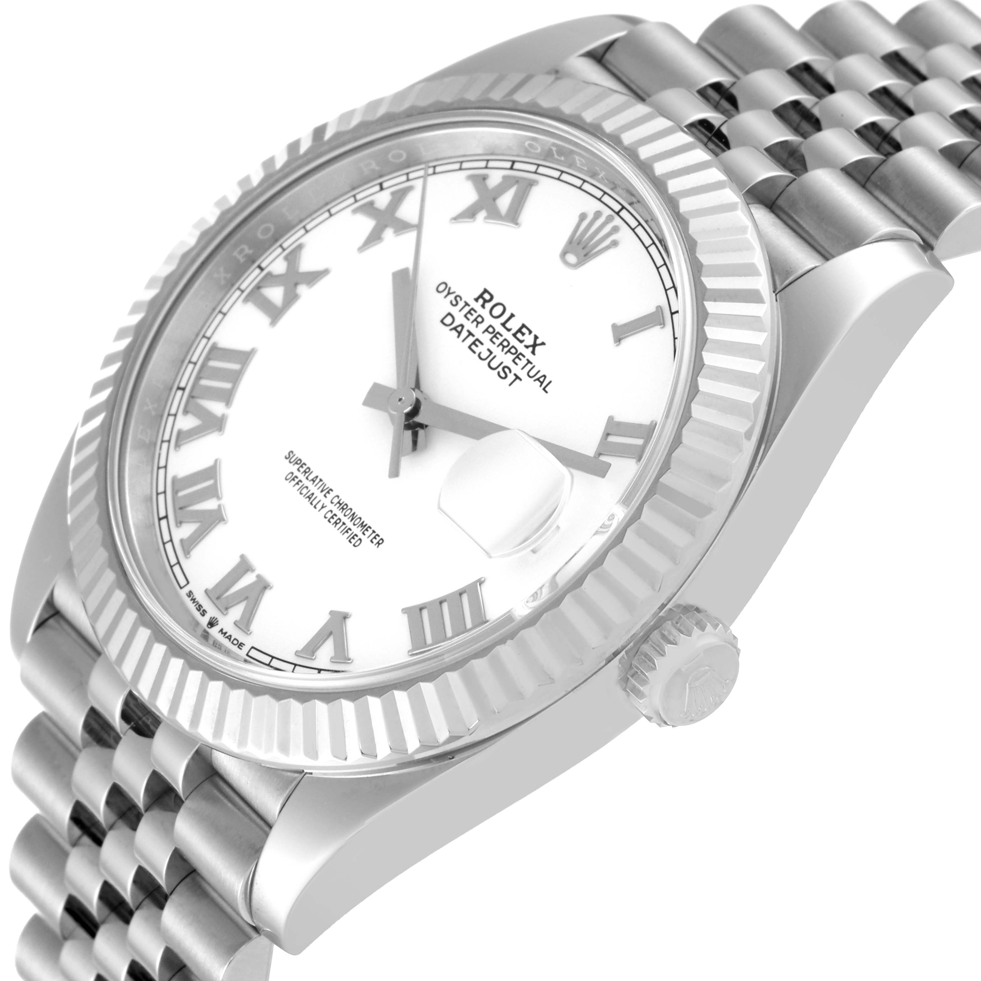 The image shows a close-up, angled view of the Rolex Datejust 41 126334 Men's Stainless Steel White Dial 126334 Men's Stainless Steel White Dial, highlighting the white dial, Roman numerals, fluted bezel, and crown.
