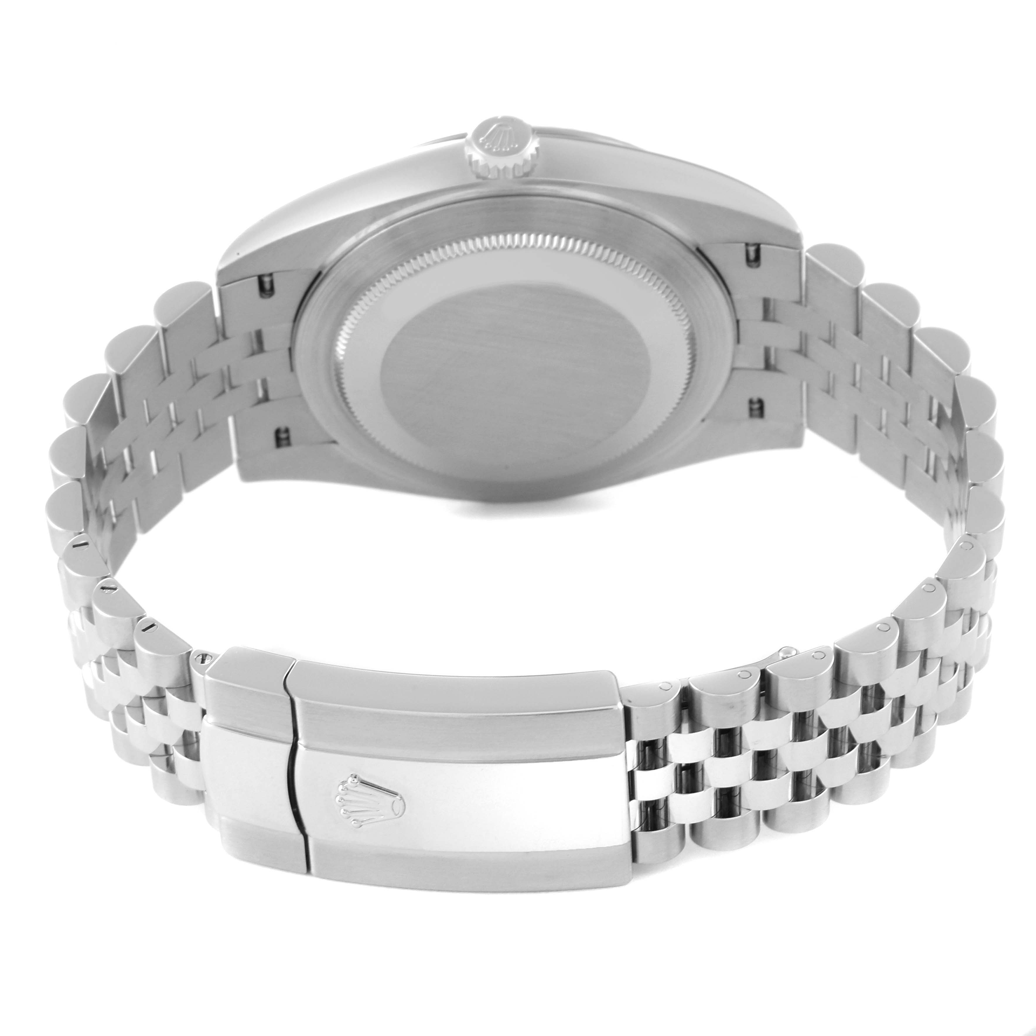 The image shows the back view of the Rolex Datejust 41 126334 Men's Stainless Steel White Dial 126334 Men's Stainless Steel White Dial, focusing on the case back and the bracelet clasp.