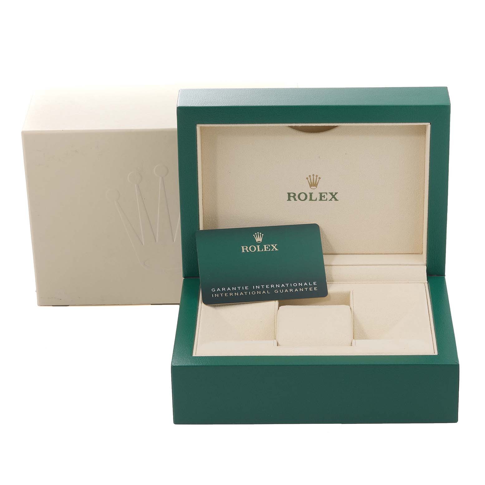 The image shows the open packaging box of the Rolex Datejust 41 126334 Men's Stainless Steel White Dial 126334 Men's Stainless Steel White Dial with the warranty card and the display holder inside.