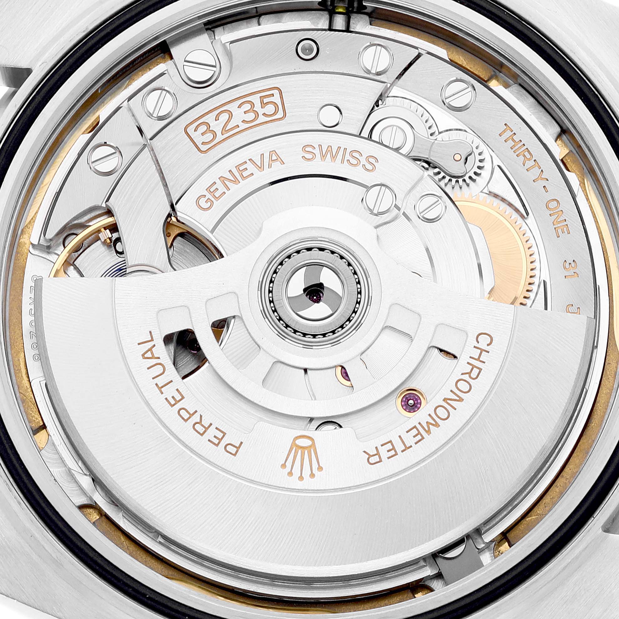 This image shows a close-up view of the movement mechanism of a Rolex Datejust 41 126334 Men's Stainless Steel White Dial 126334 Men's Stainless Steel White Dial watch.
