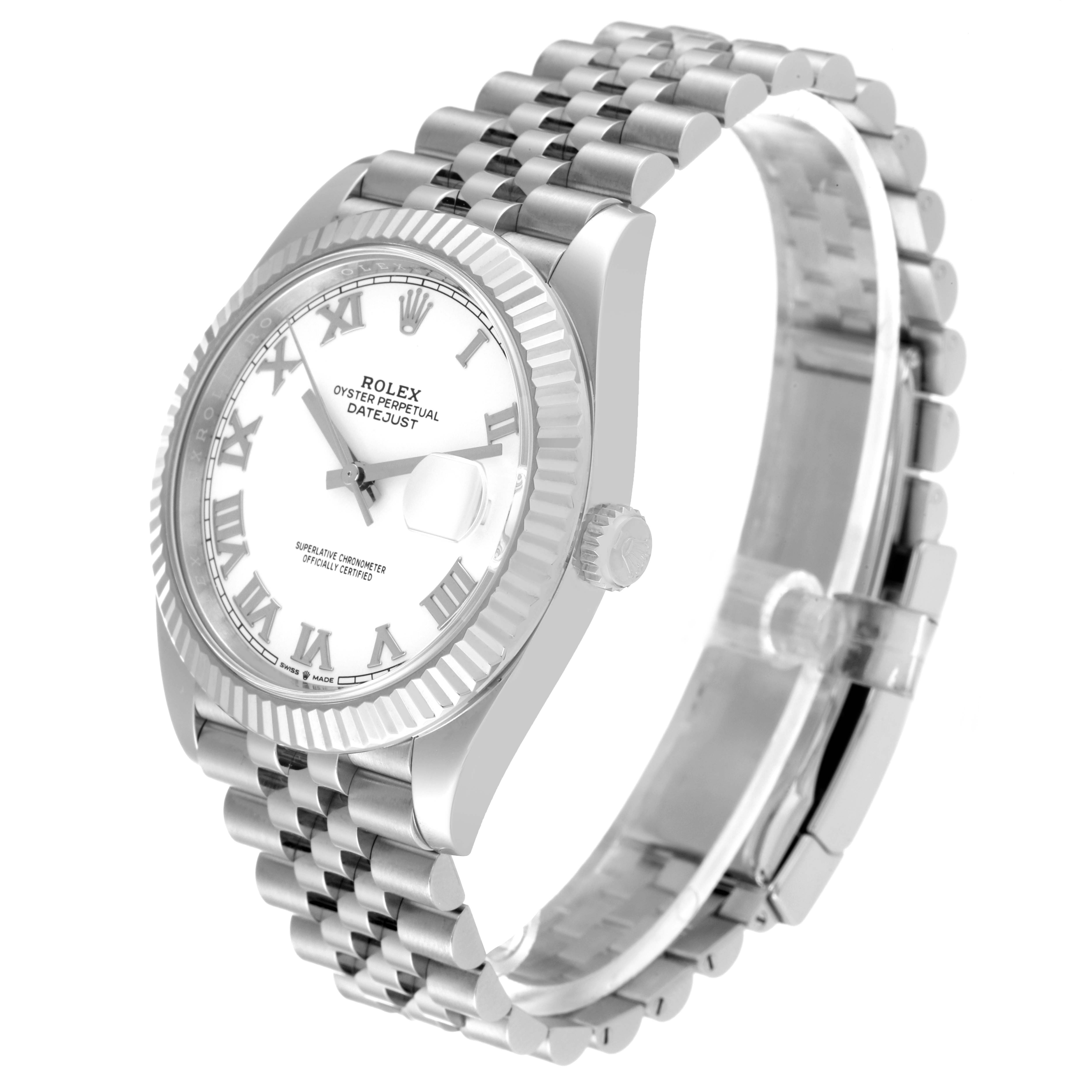 This image of the Rolex Datejust 41 126334 Men's Stainless Steel White Dial 126334 Men's Stainless Steel White Dial shows a front angle, featuring the face, bezel, and bracelet.