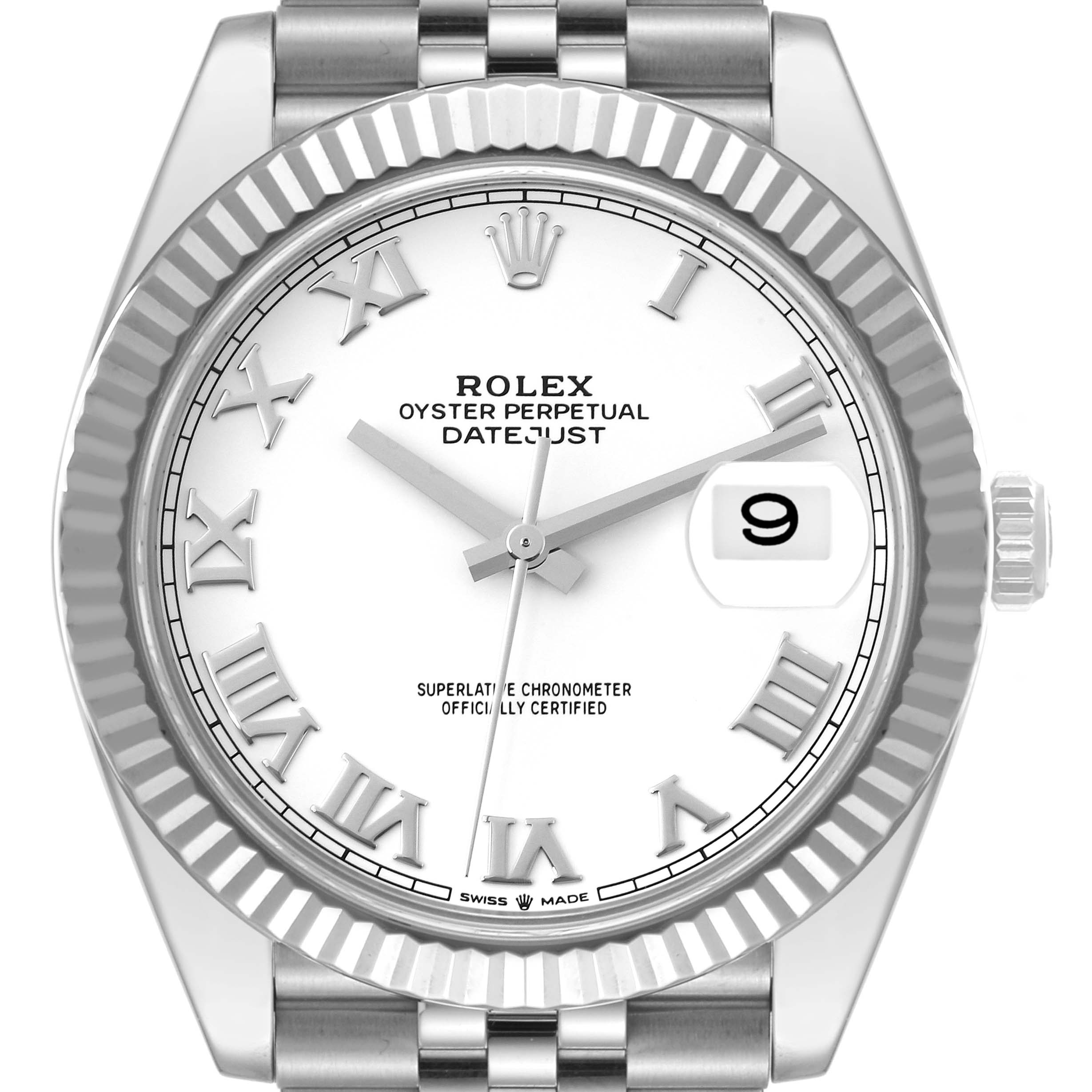 The image shows a front view of the Rolex Datejust 41 126334 Men's Stainless Steel White Dial 126334 Men's Stainless Steel White Dial watch, highlighting its white dial, Roman numerals, and date window.