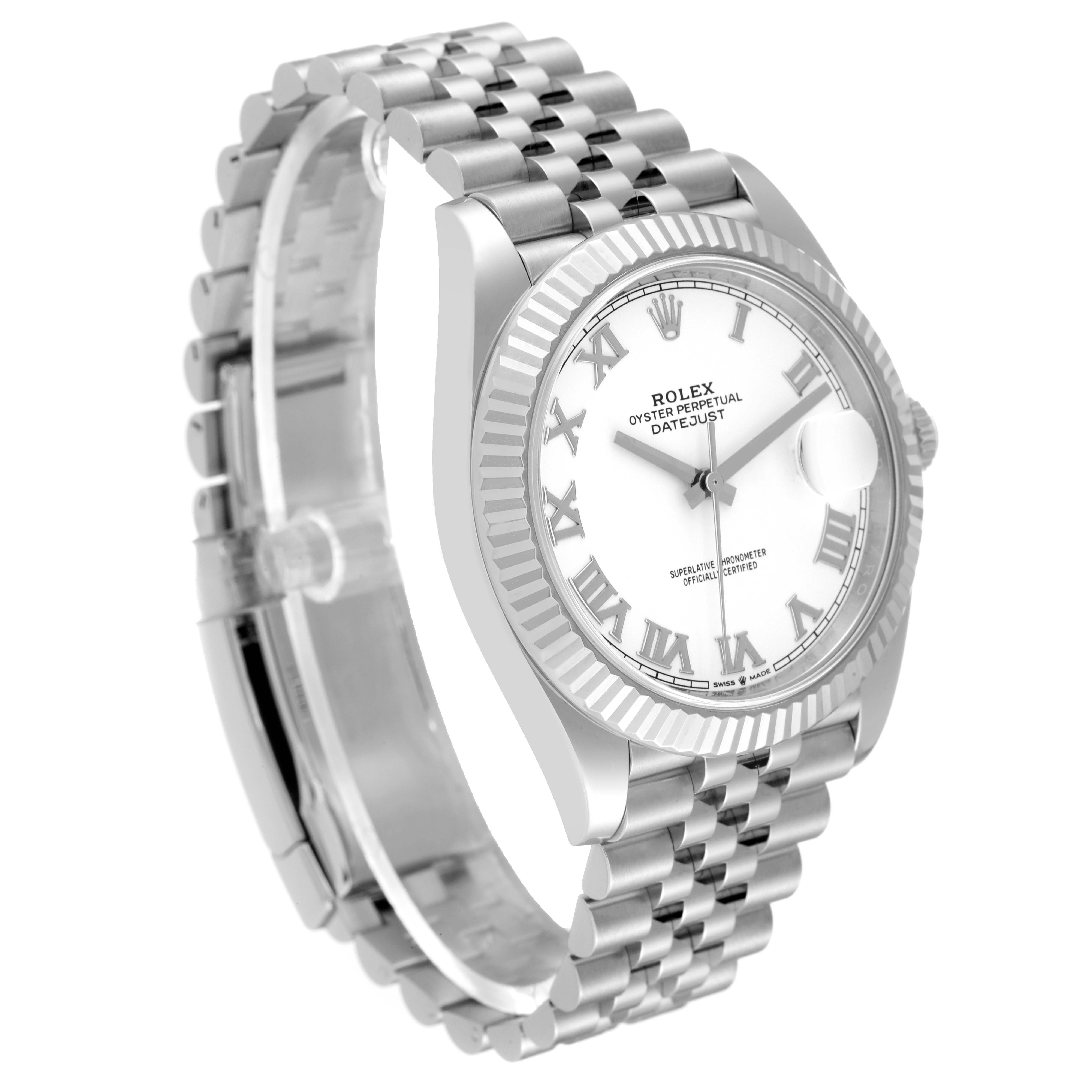 The image shows a Rolex Datejust 41 126334 Men's Stainless Steel White Dial 126334 Men's Stainless Steel White Dial watch from a three-quarter angle, highlighting its bezel, dial, and bracelet.