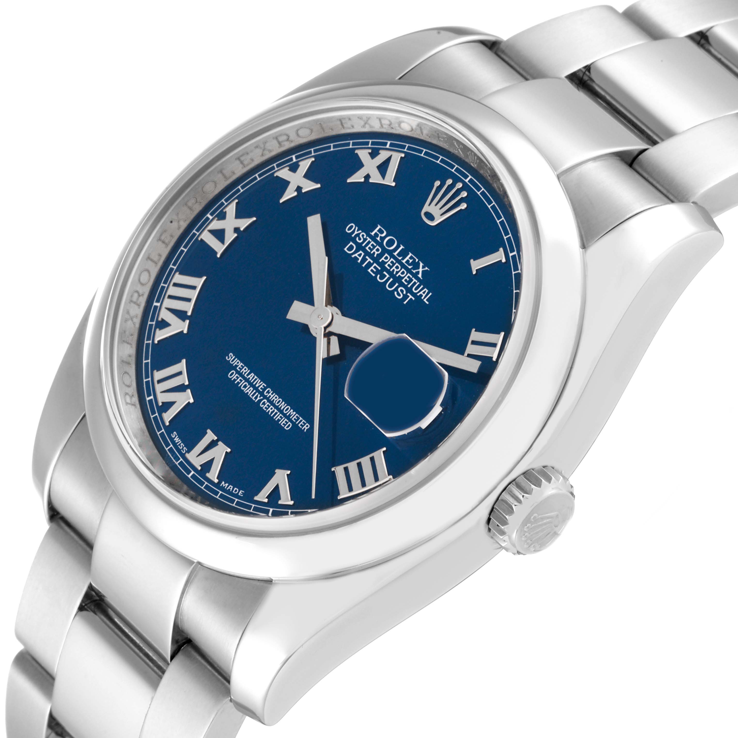 The image shows a Rolex Datejust 116200 Men's Stainless Steel Blue Dial 116200 Men's Stainless Steel Blue Dial watch at an oblique angle, highlighting its blue dial, Roman numeral markers, and metal bracelet.