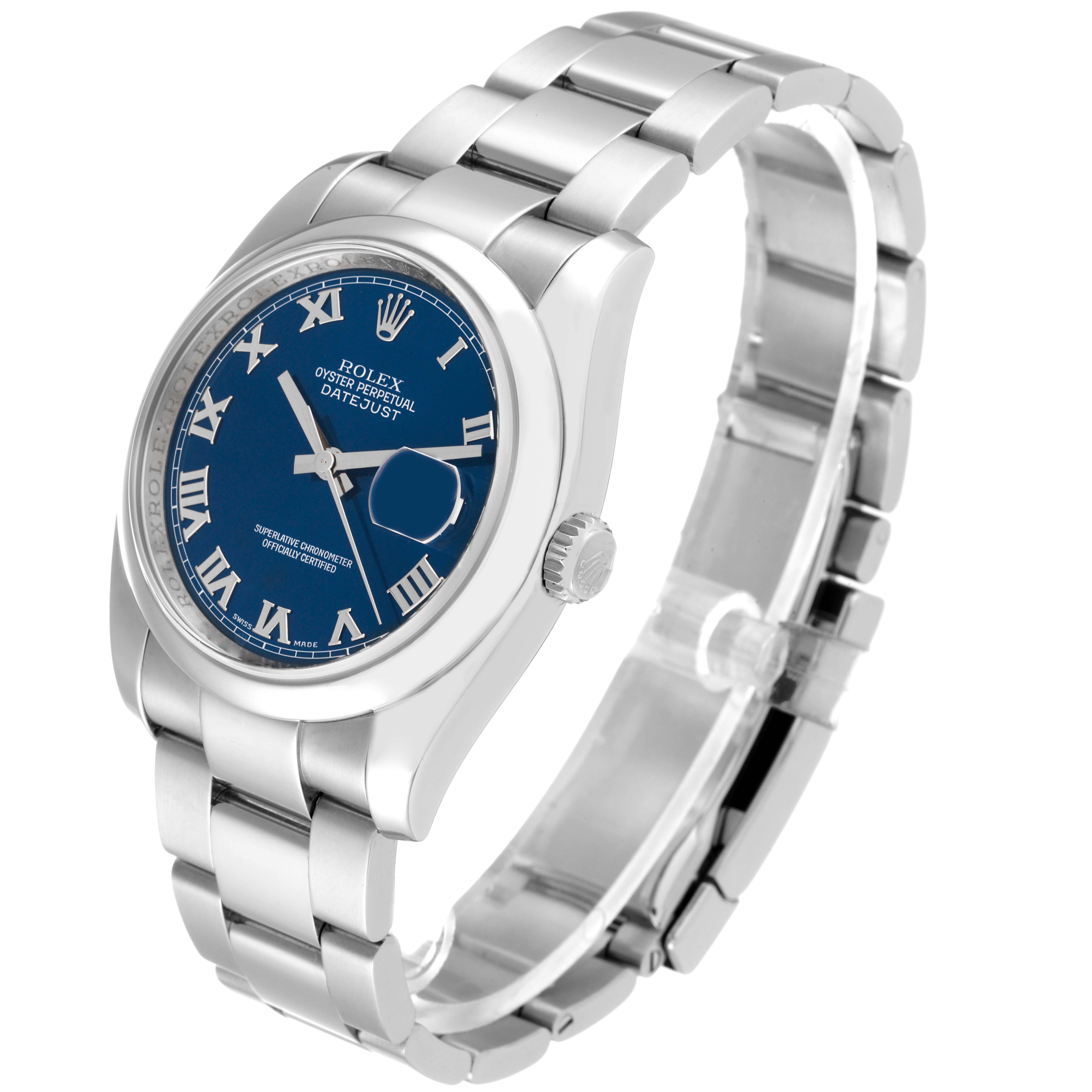 The image shows a Rolex Datejust 116200 Men's Stainless Steel Blue Dial 116200 Men's Stainless Steel Blue Dial watch at a three-quarter angle, highlighting the bracelet, case, crown, and dial.