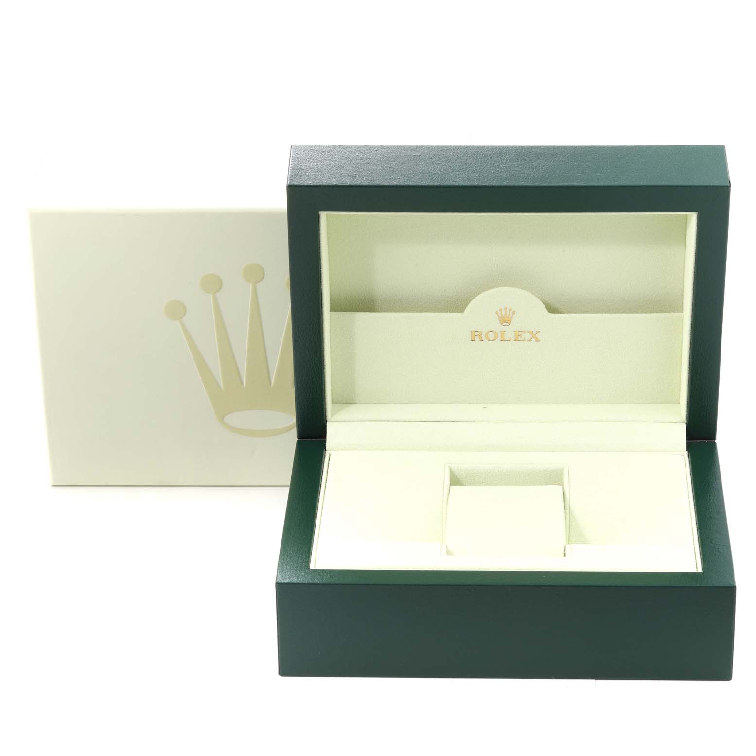 The image shows an open Rolex Datejust 116200 Men's Stainless Steel Blue Dial 116200 Men's Stainless Steel Blue Dial watch box, featuring the iconic green exterior and beige interior with a logo.