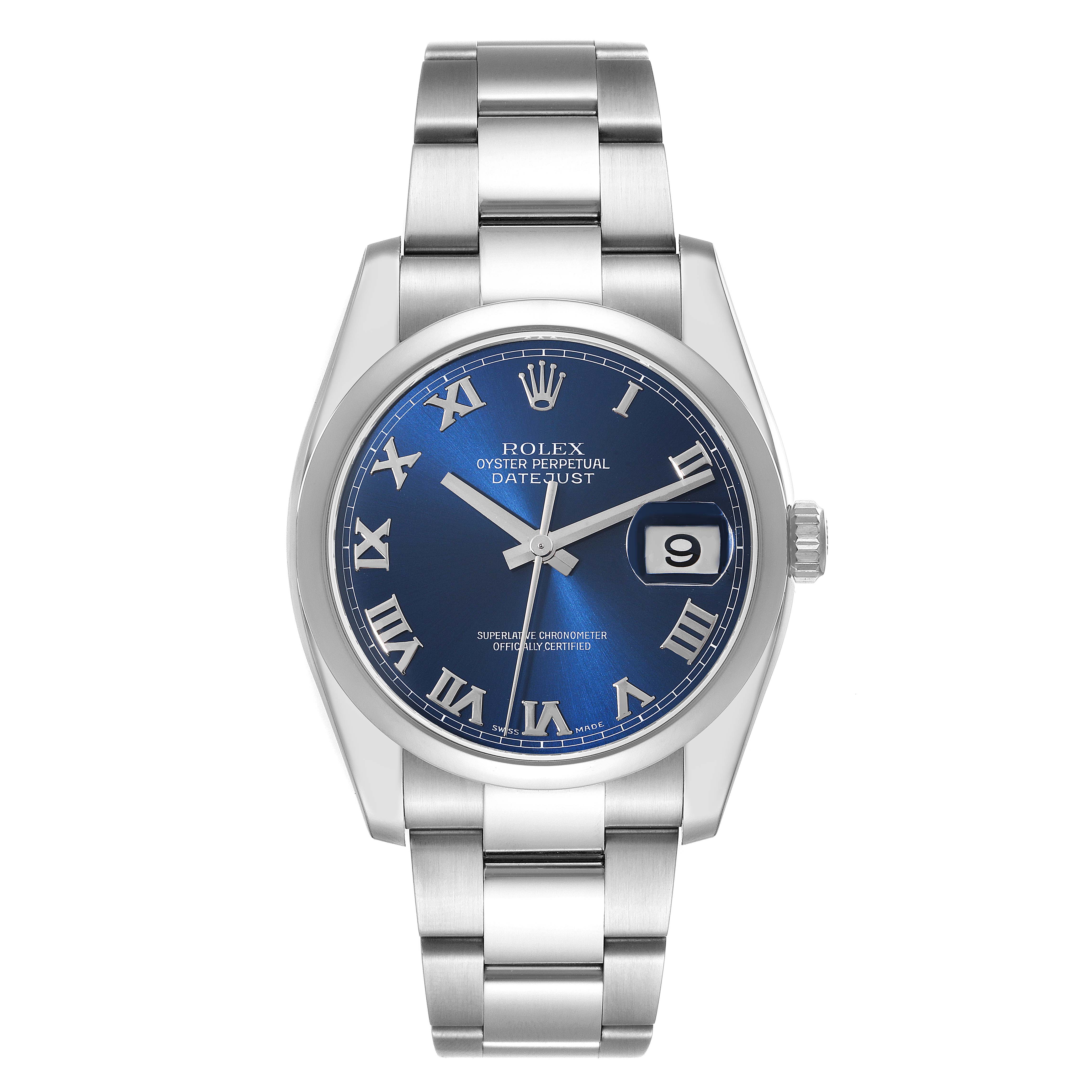 This image shows a Rolex Datejust 116200 Men's Stainless Steel Blue Dial 116200 Men's Stainless Steel Blue Dial watch from a front angle, displaying the face, bezel, and part of the bracelet.