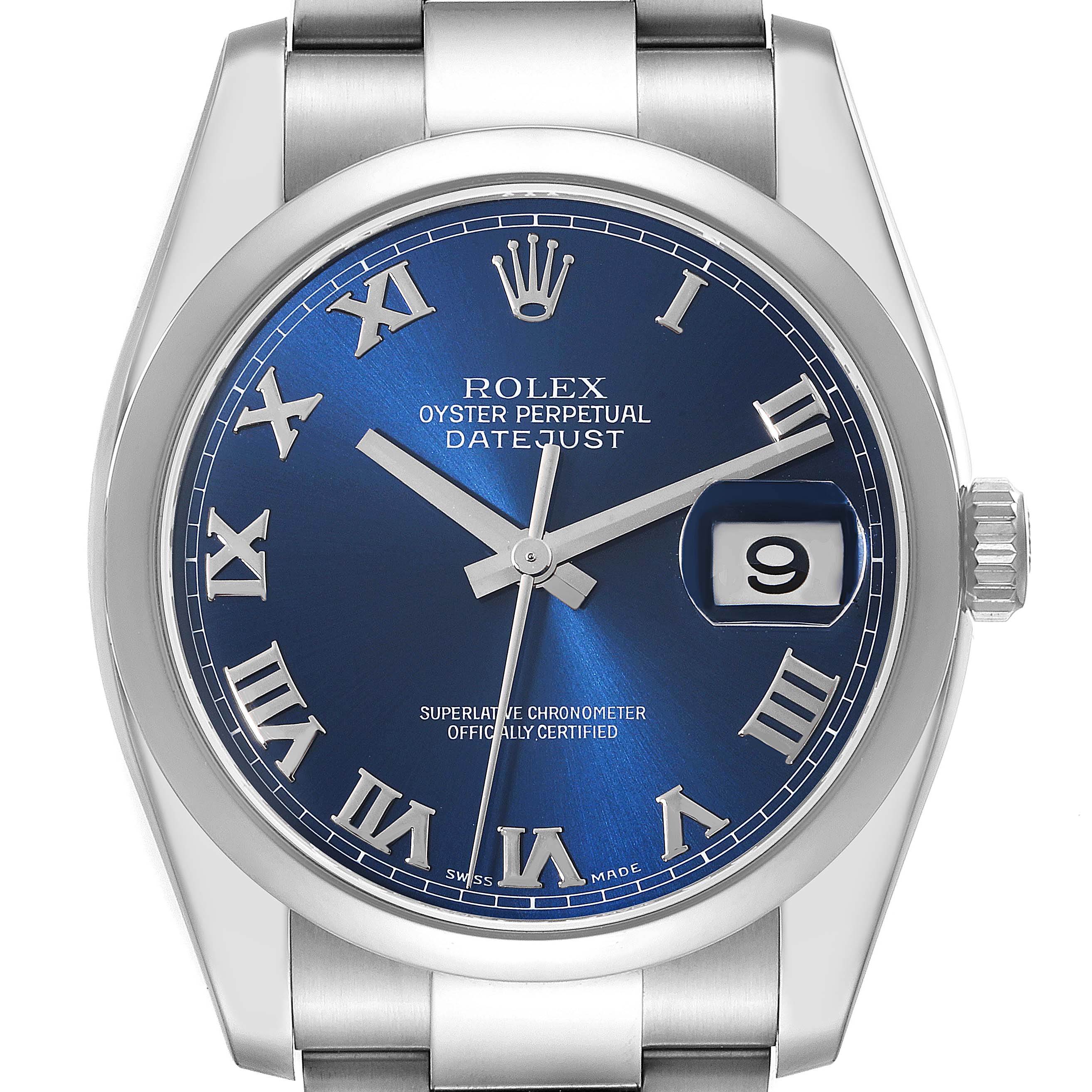 The Rolex Datejust 116200 Men's Stainless Steel Blue Dial 116200 Men's Stainless Steel Blue Dial watch is shown from a front view, displaying its blue dial, Roman numerals, and date window.