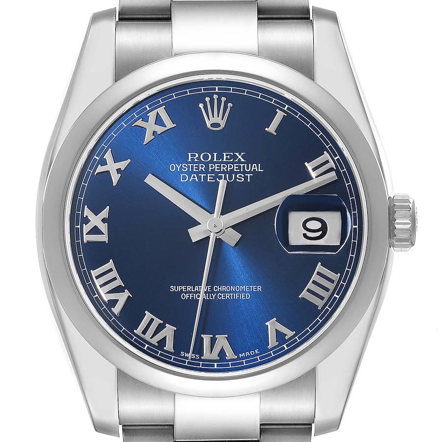 Rolex Datejust Blue Roman Dial Oyster Bracelet Steel Mens Watch 116200 SwissWatchExpo