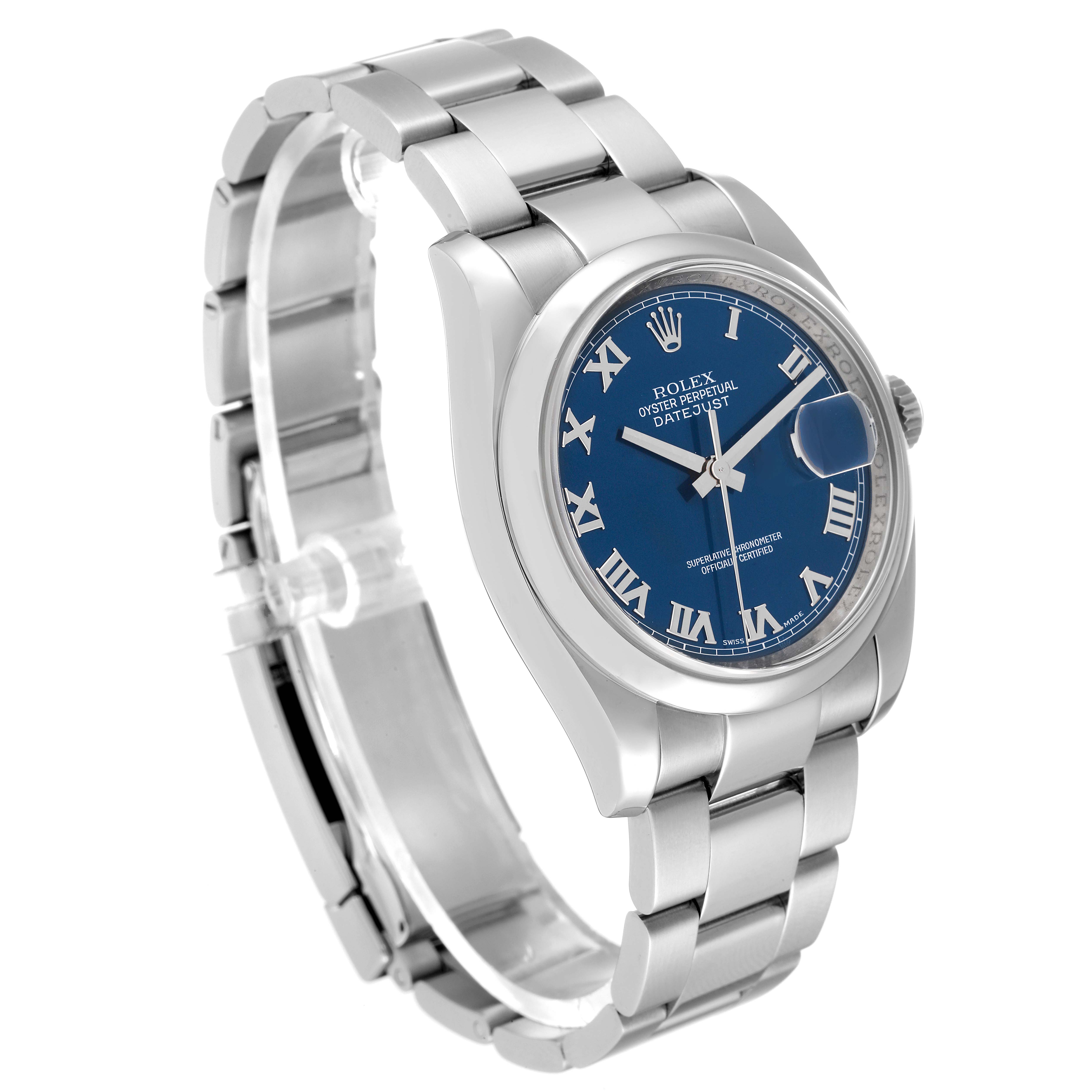 The image shows a Rolex Datejust 116200 Men's Stainless Steel Blue Dial 116200 Men's Stainless Steel Blue Dial watch, angled to display the bracelet, case, dial, and crown.