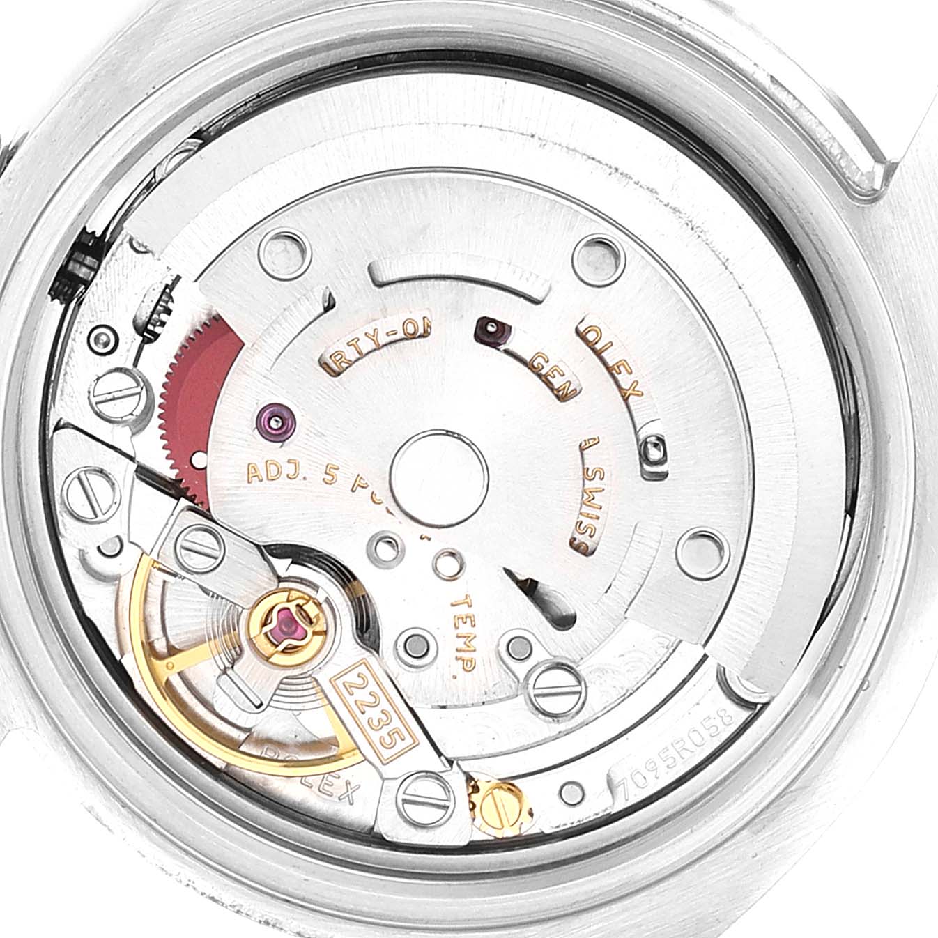 This image shows the internal movement mechanism of the Rolex Datejust 179171 Women's Steel and Gold (two tone) White Dial 179171 Women's Steel and Gold (two tone) White Dial watch from the back angle.