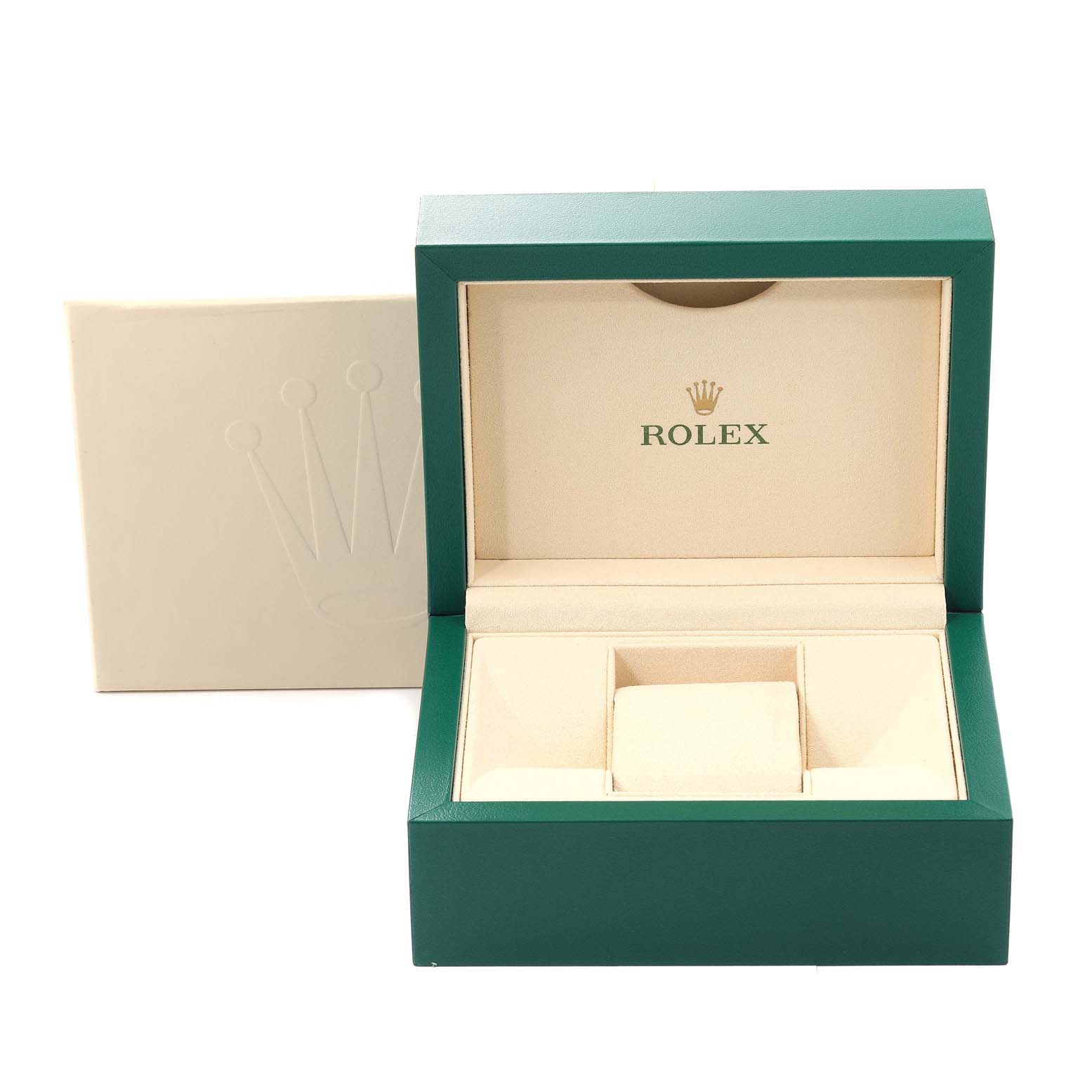 This image shows the open and empty watch box for the Rolex Datejust 179171 Women's Steel and Gold (two tone) White Dial 179171 Women's Steel and Gold (two tone) White Dial model, with a beige interior and green exterior.