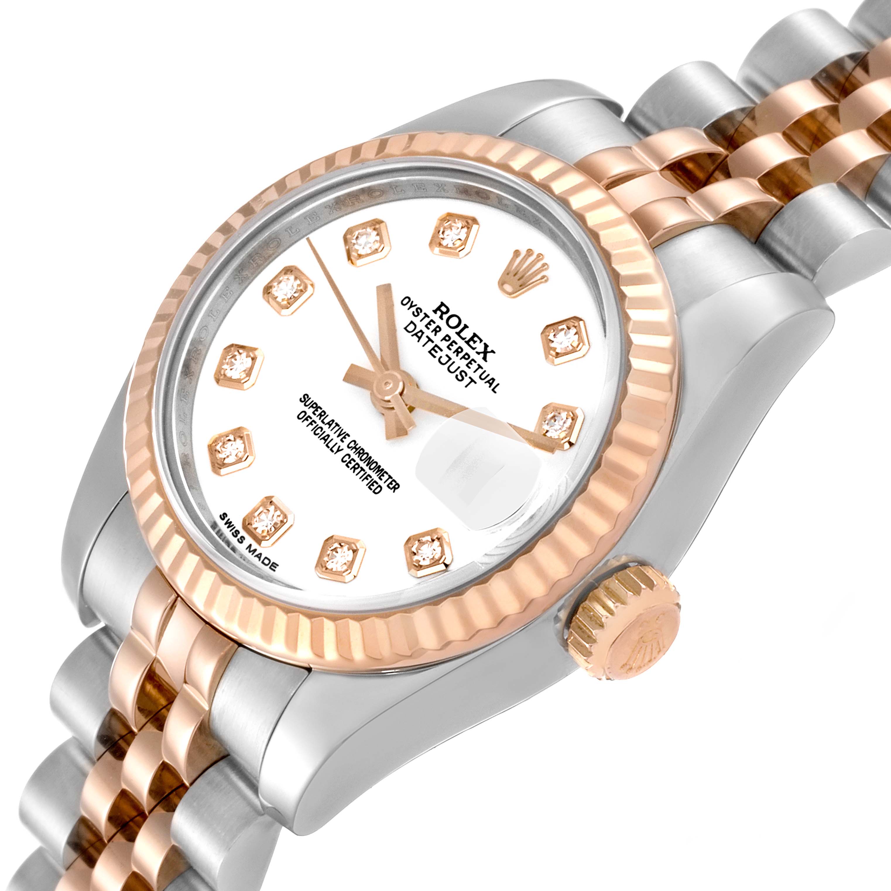 This Rolex Datejust 179171 Women's Steel and Gold (two tone) White Dial 179171 Women's Steel and Gold (two tone) White Dial watch is shown at an angle displaying the face, crown, fluted bezel, and part of the bracelet.