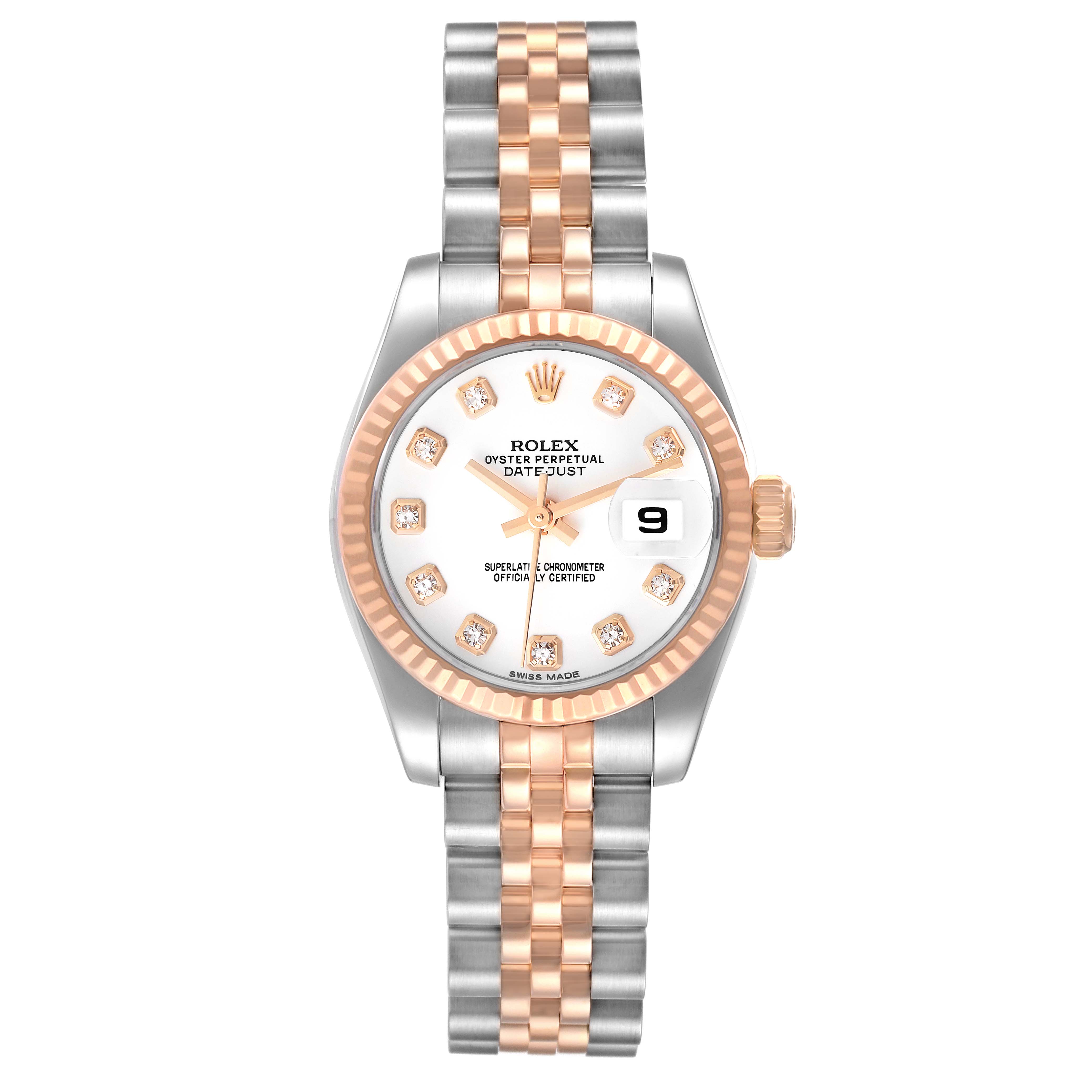 This is a top-down view of a Rolex Datejust 179171 Women's Steel and Gold (two tone) White Dial 179171 Women's Steel and Gold (two tone) White Dial watch, showing the dial, bezel, crown, and bracelet.