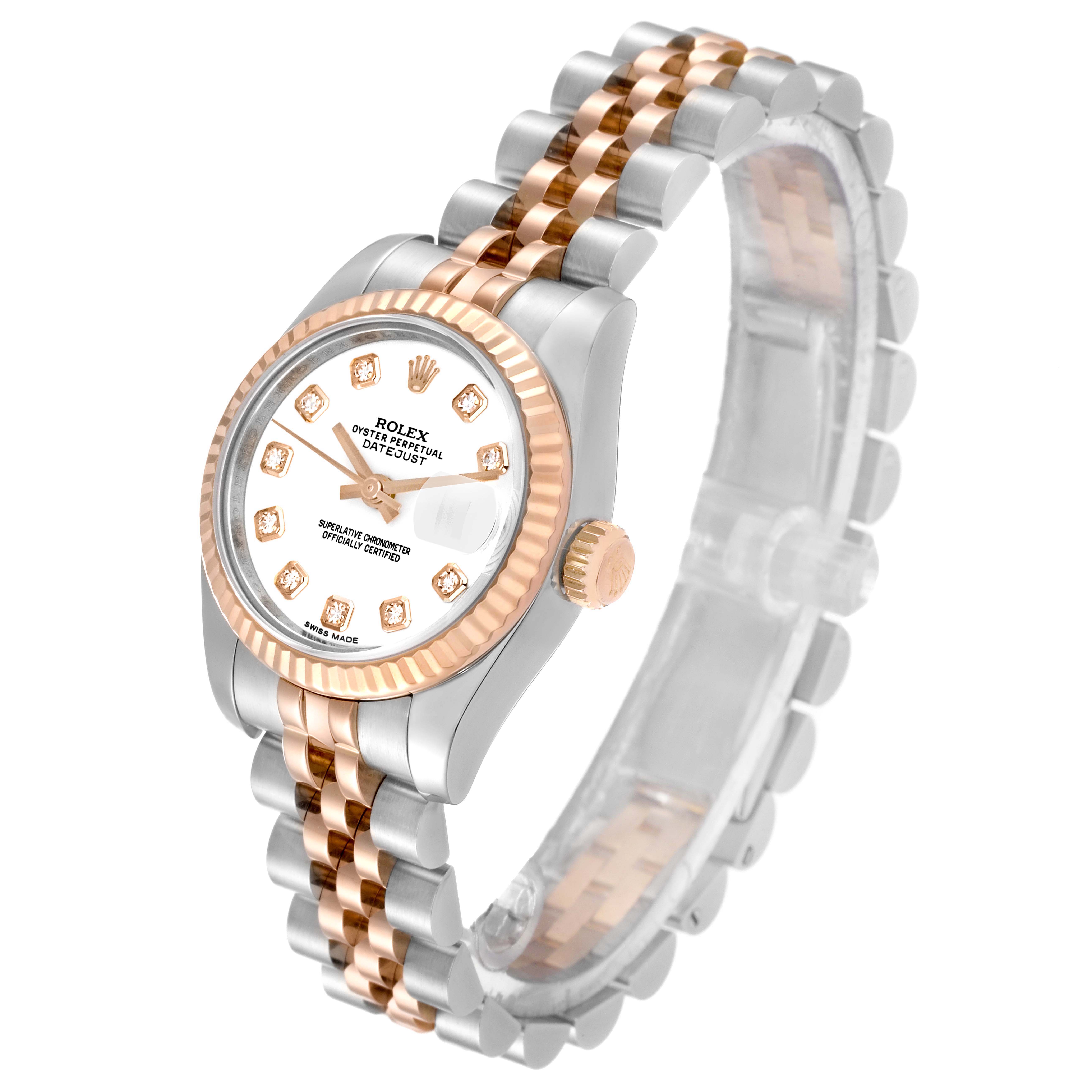 The image shows a Rolex Datejust 179171 Women's Steel and Gold (two tone) White Dial 179171 Women's Steel and Gold (two tone) White Dial watch at a three-quarter angle, highlighting the dial, bezel, bracelet, and crown.