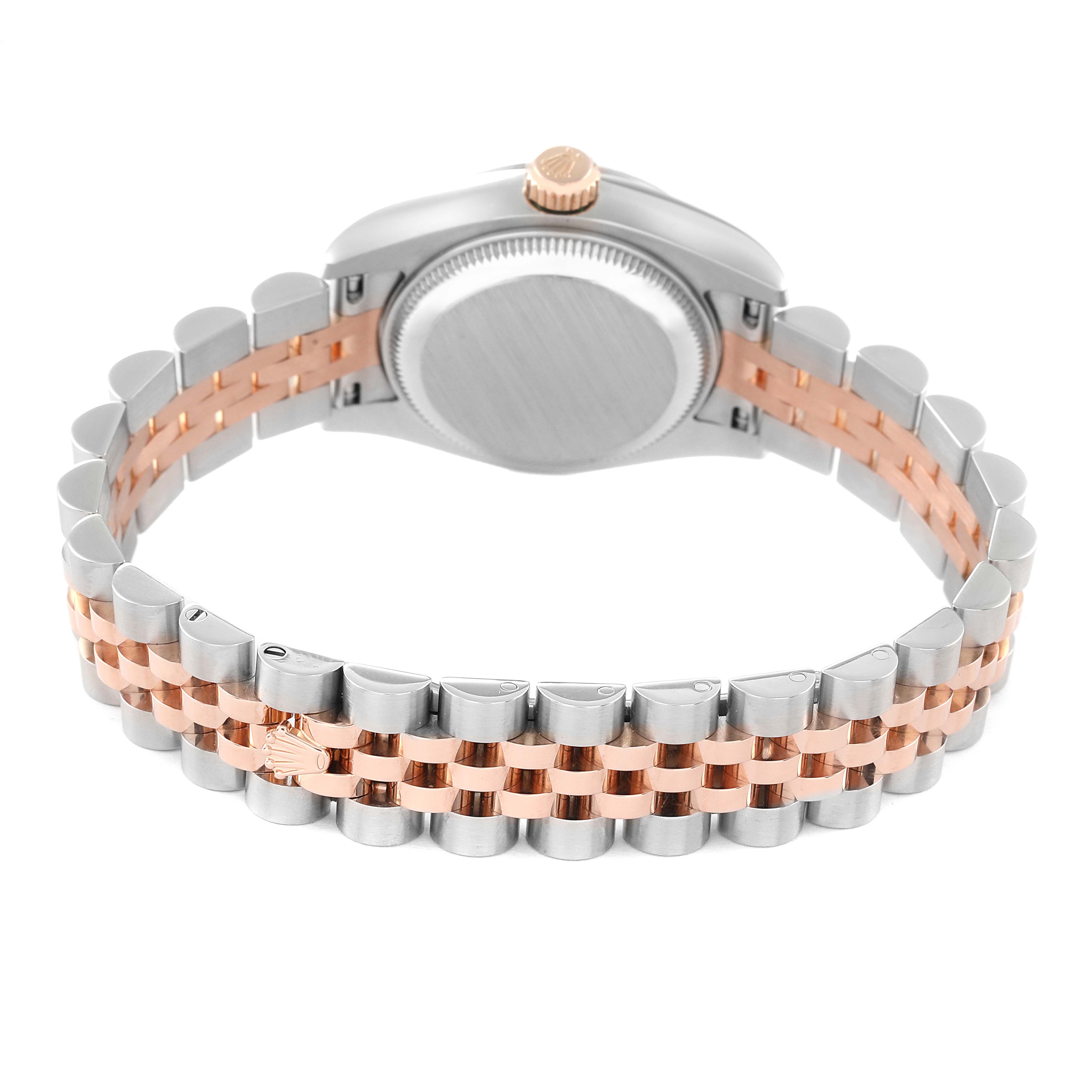 This image shows the back view of a Rolex Datejust 179171 Women's Steel and Gold (two tone) White Dial 179171 Women's Steel and Gold (two tone) White Dial watch, highlighting its two-tone metal bracelet and case back.