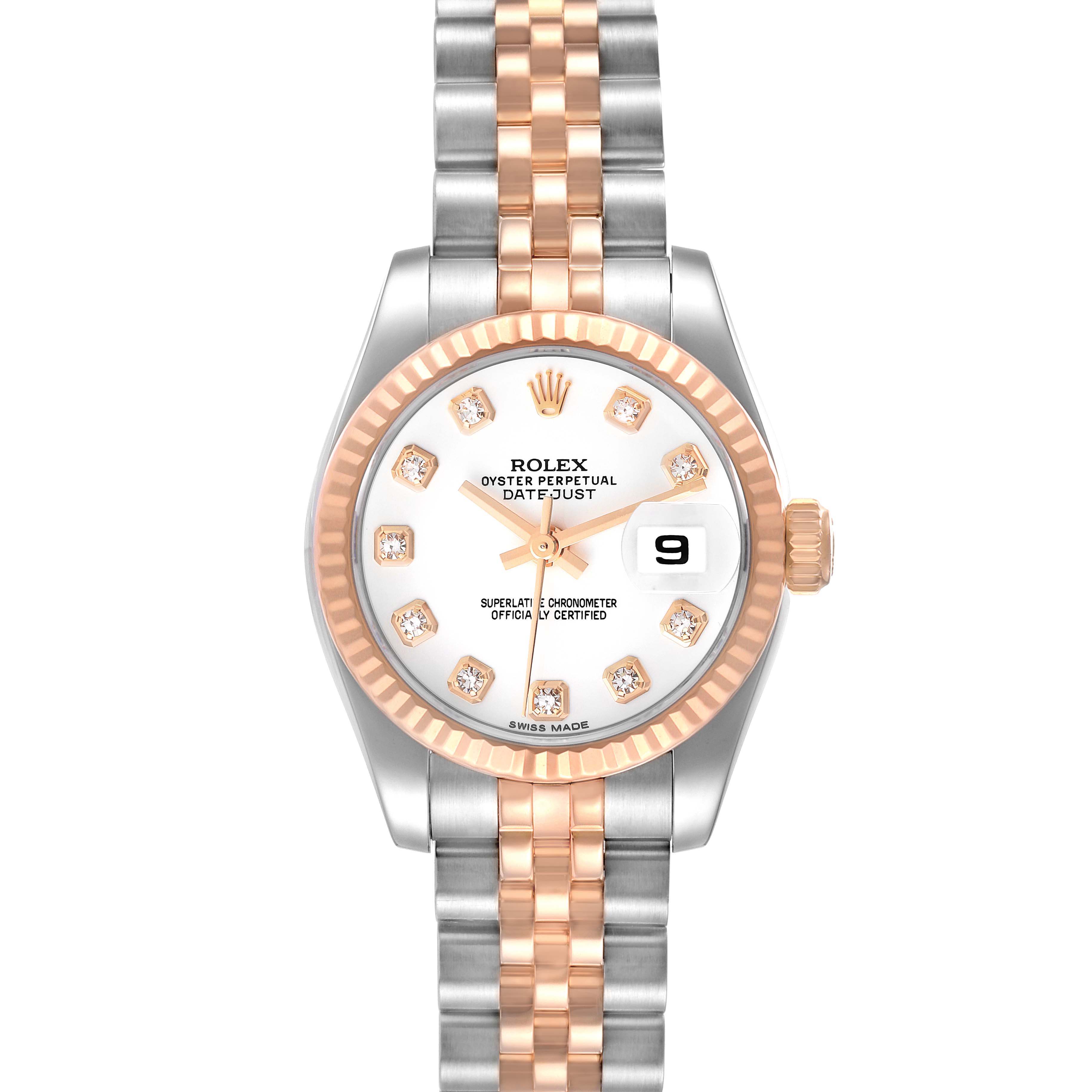 The image shows a front view of the Rolex Datejust 179171 Women's Steel and Gold (two tone) White Dial 179171 Women's Steel and Gold (two tone) White Dial watch, displaying its face, bezel, and bracelet.