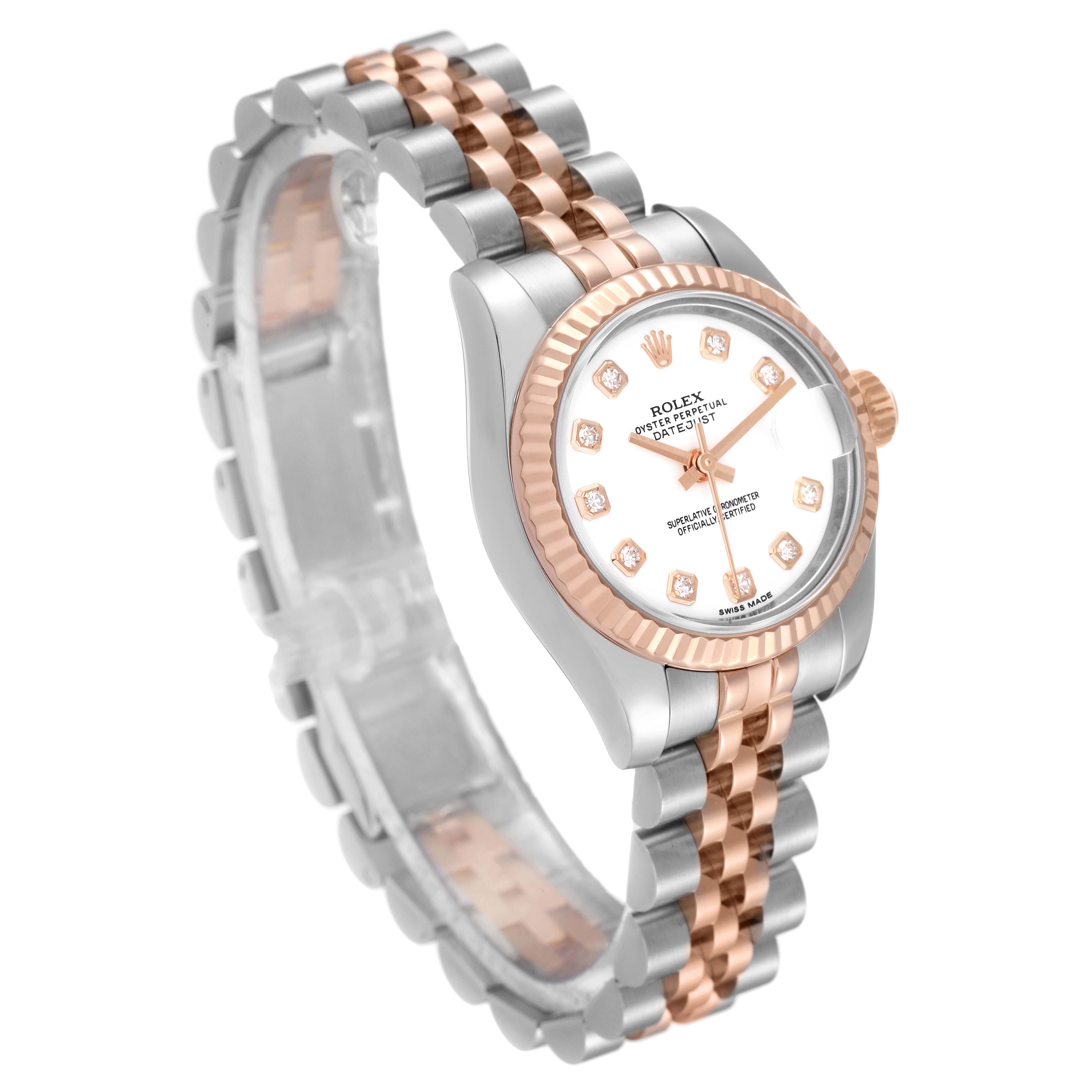 The image shows a Rolex Datejust 179171 Women's Steel and Gold (two tone) White Dial 179171 Women's Steel and Gold (two tone) White Dial watch angled from the front and right side, highlighting its dial, bezel, and two-tone bracelet.