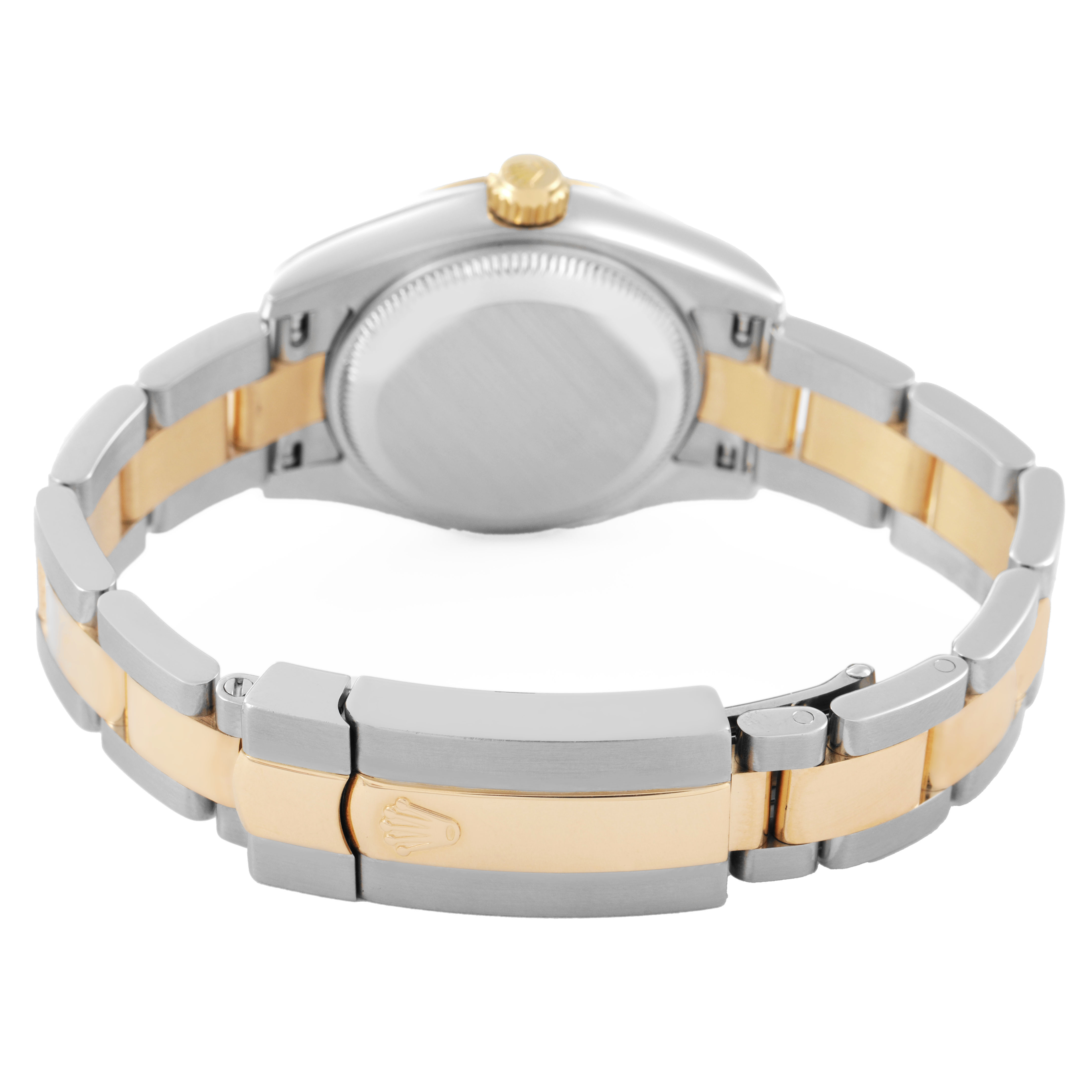 The image shows the back of a Rolex Datejust 179163 Women's Steel and Gold (two tone) Blue Dial watch, highlighting its two-tone bracelet and clasp.